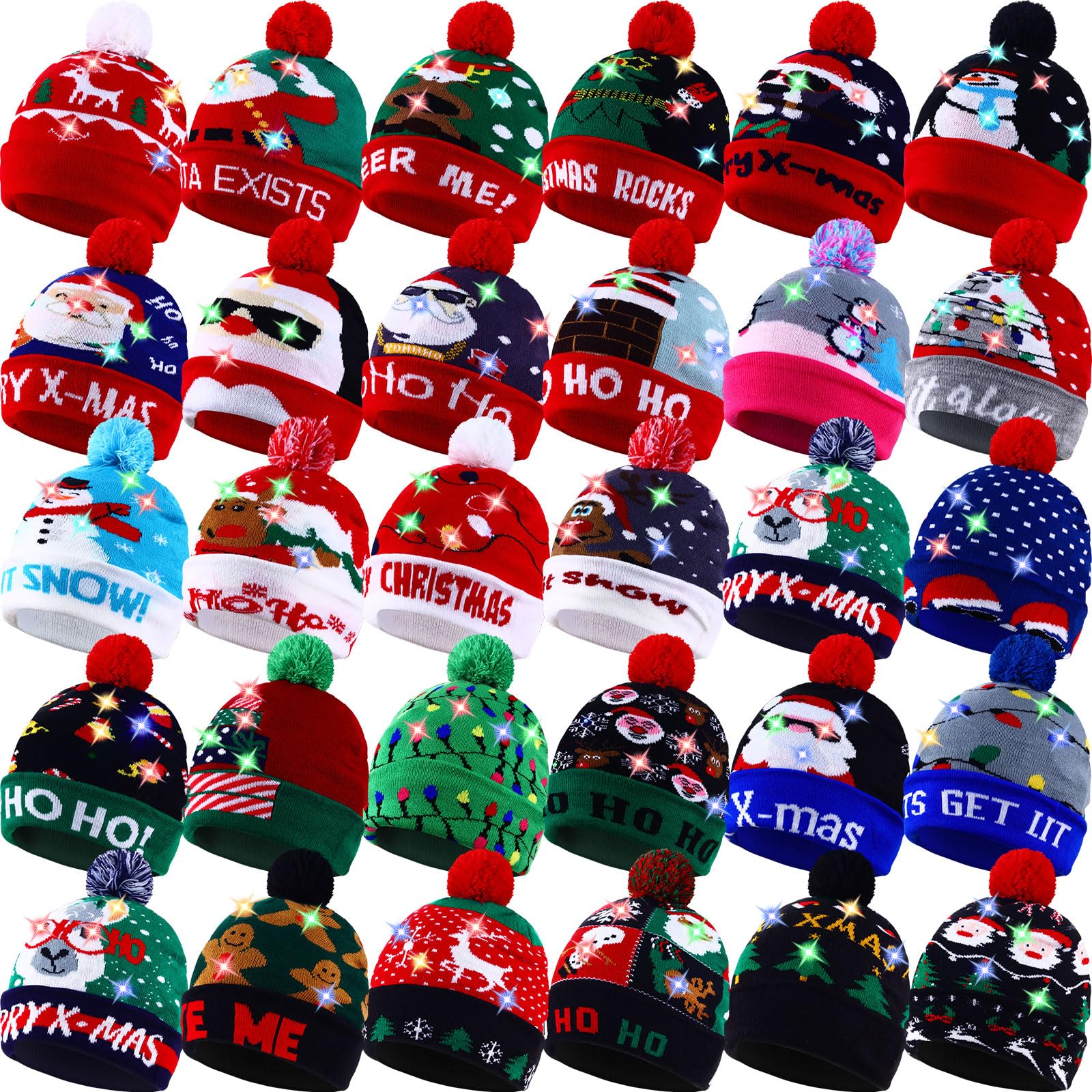 30 Pack LED Christmas Beanie Hats - Light Up Knit Winter Hats for Men & Women - Colorful Holiday Party Favors (Great for Xmas Parties, Gifts & Winter Festivals)