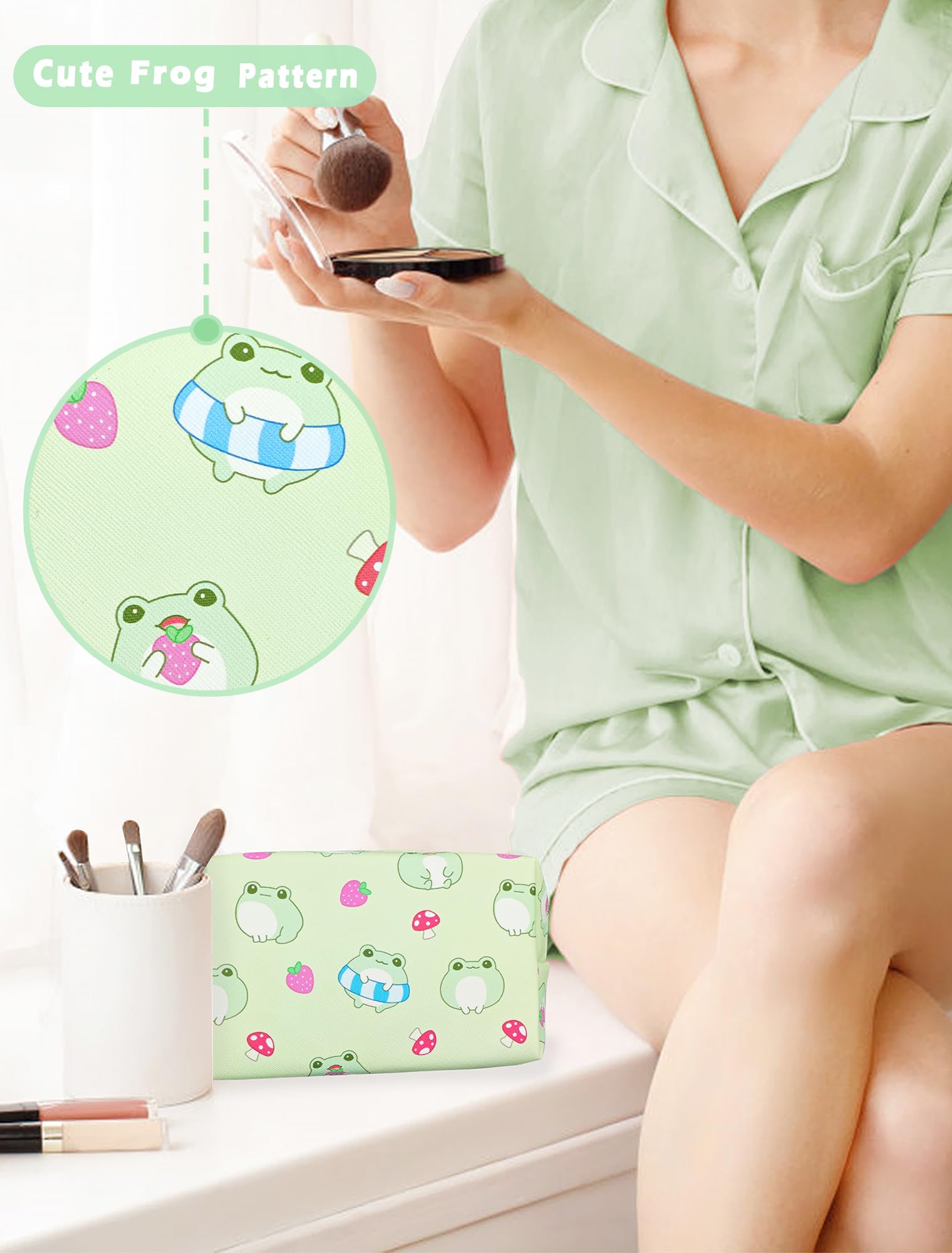Cute Kawaii Green Makeup Bag for Women - Small Travel Cosmetic & Toiletry Organizer - Perfect for Daily Essentials, Gym, Vacation & Weekend Getaways