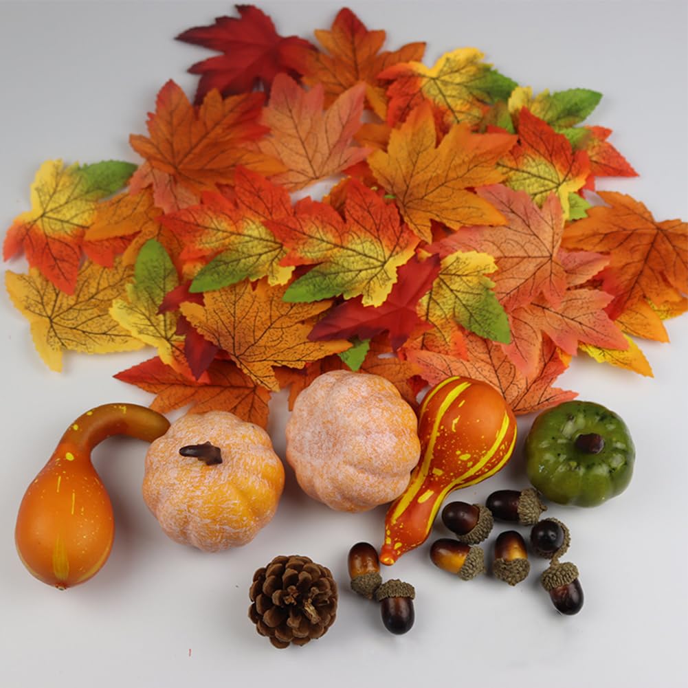 GARVEE 166Pcs Mini Foam Pumpkins Set - Realistic Artificial Fall Decor with Maple Leaves, Pine Cones & Acorns for Thanksgiving, Halloween, Autumn Table Centerpieces, Home and Party Decorations