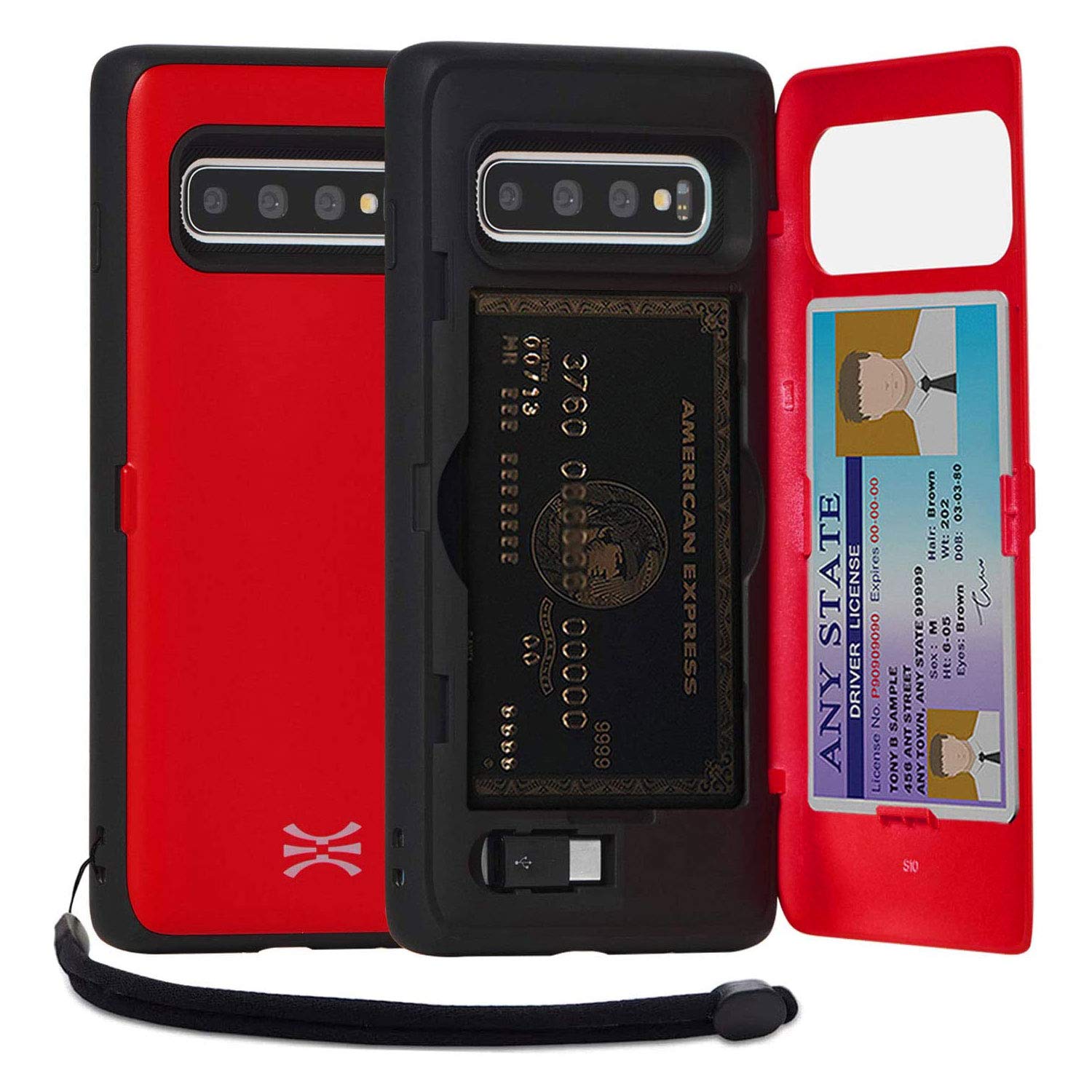 TORU CX PRO Case for Samsung Galaxy S10 - Slim Wallet Phone Cover with Hidden Card Slot, Kickstand & Mirror | Includes Strap & USB Adapter (Red) - Perfect for Travel, Work & Daily Use
