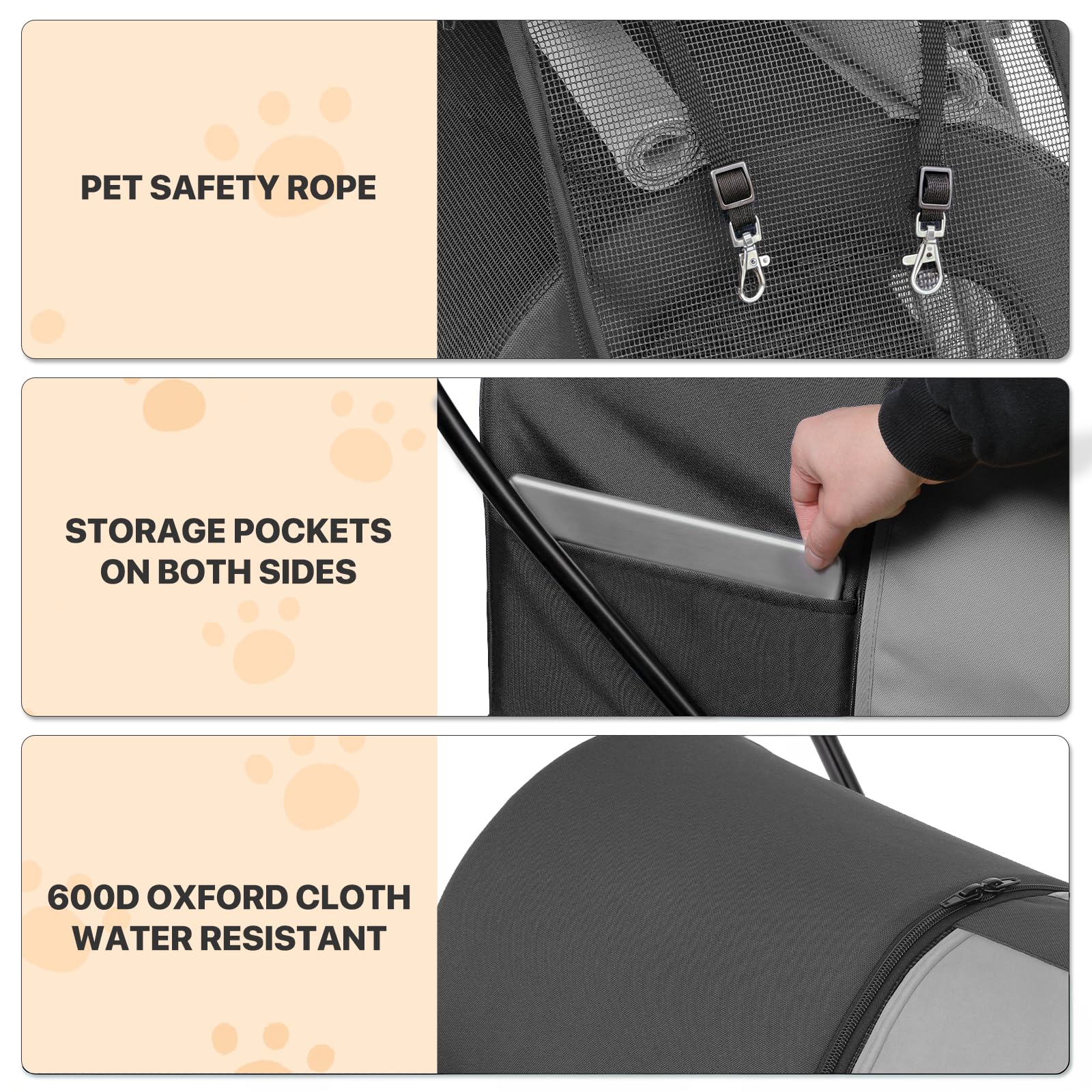 MoNiBloom Double Dog Stroller with Detachable Carrier Bags - Large 4-Wheel Foldable Pet Jogger for Small & Medium Dogs & Cats (Black/Gray) - Perfect for Park Walks, Vet Visits & Outdoor Adventures