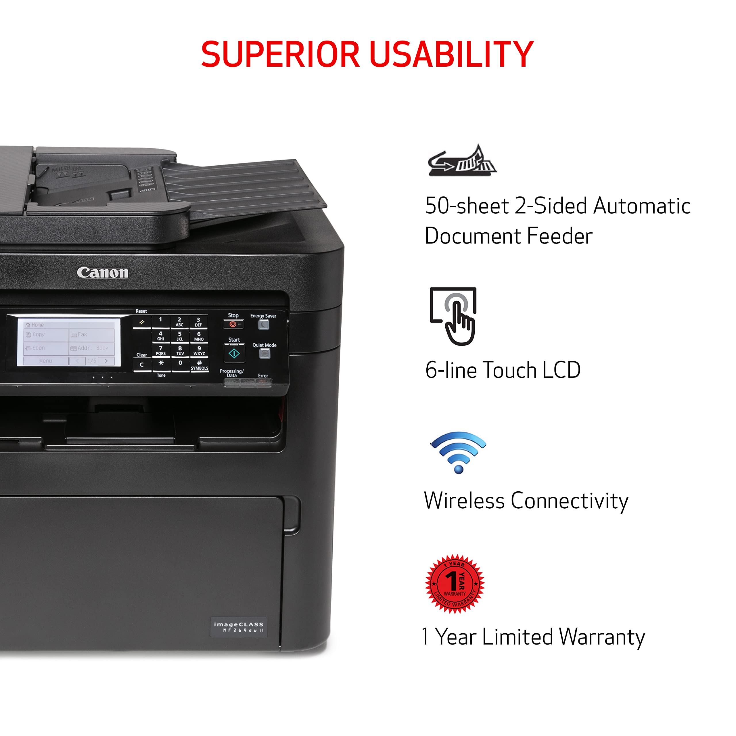 Canon imageCLASS MF269dw II VP Wireless Monochrome Laser Printer - All-in-One with Scanner, Copier & Fax | 30 PPM, Auto Document Feeder, Mobile Printing | Includes 2 High-Capacity Toners | Perfect for Home Office & Small Business Productivity