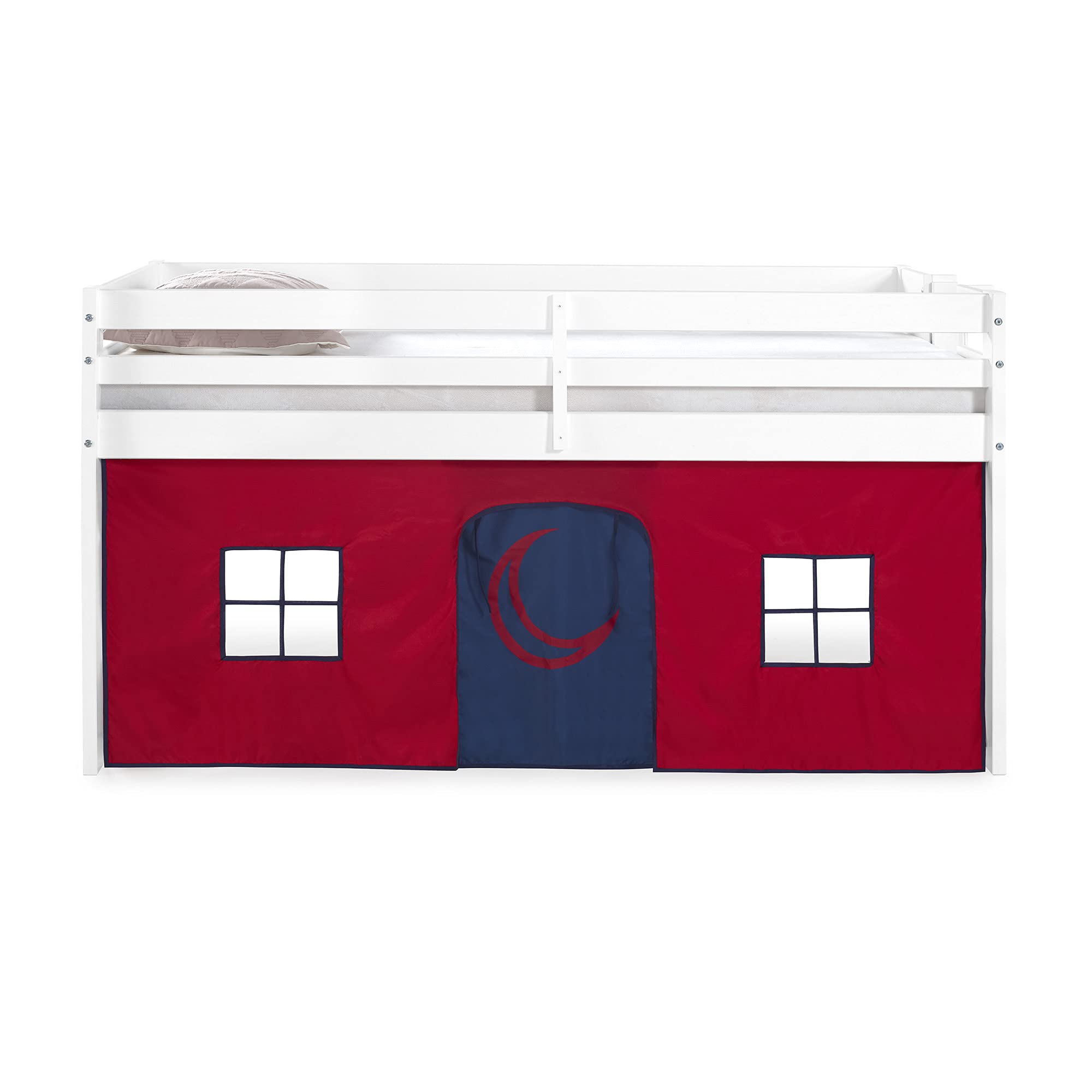 Alaterre Jasper Twin Junior Loft Bed with Playhouse Tent - White Frame & Red/Blue Bottom - Kids Space-Saving Bunk Bed for Small Rooms & Play Areas