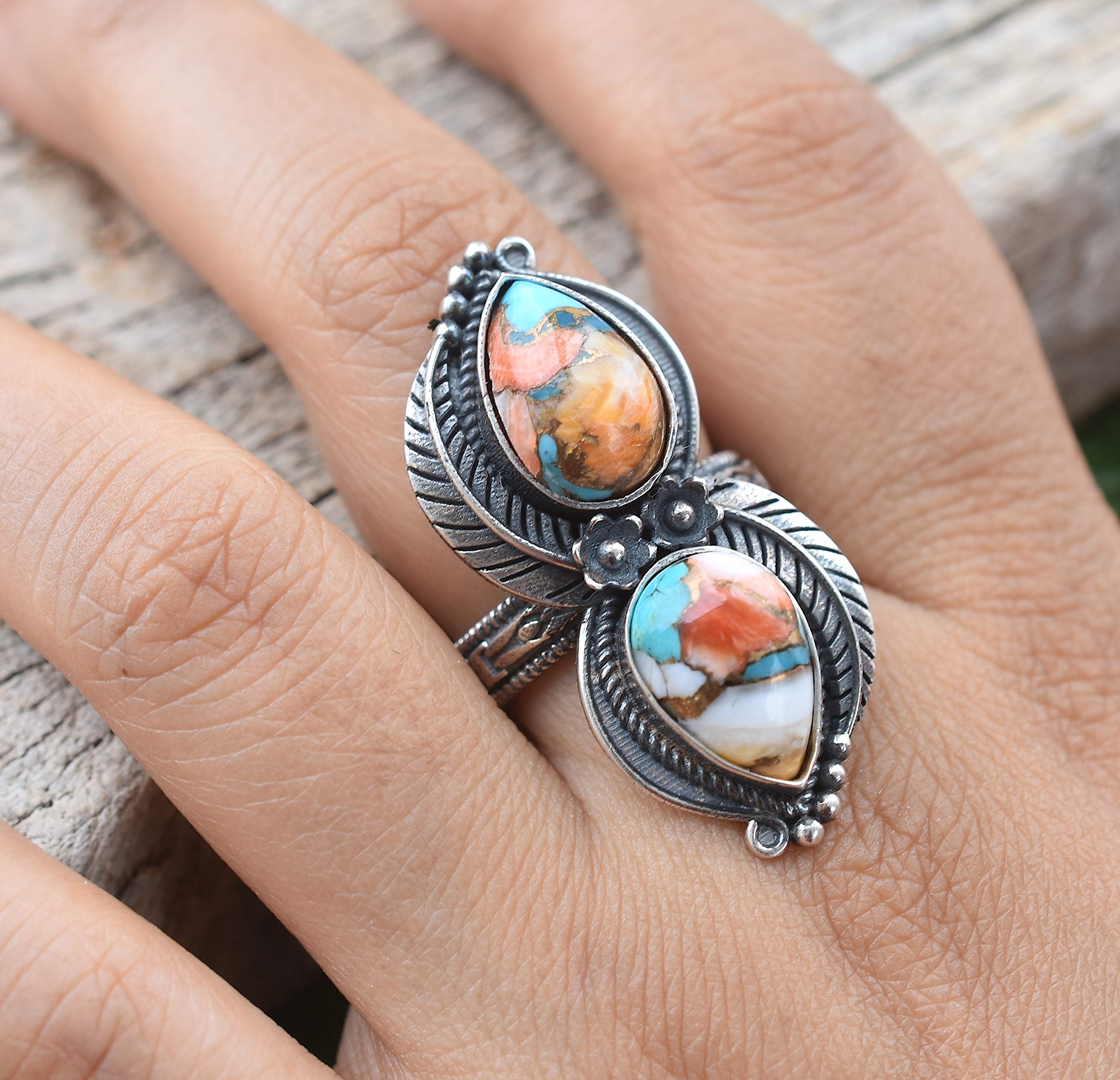 Vintage Handmade 925 Sterling Silver Oyster Copper Turquoise Ring - Boho Hippie Jewelry - Spiny Turquoise Birthstone Ring - Perfect Birthday Gift for Women - TQ-10 | Great for Festivals, Boho Fashion & Everyday Wear