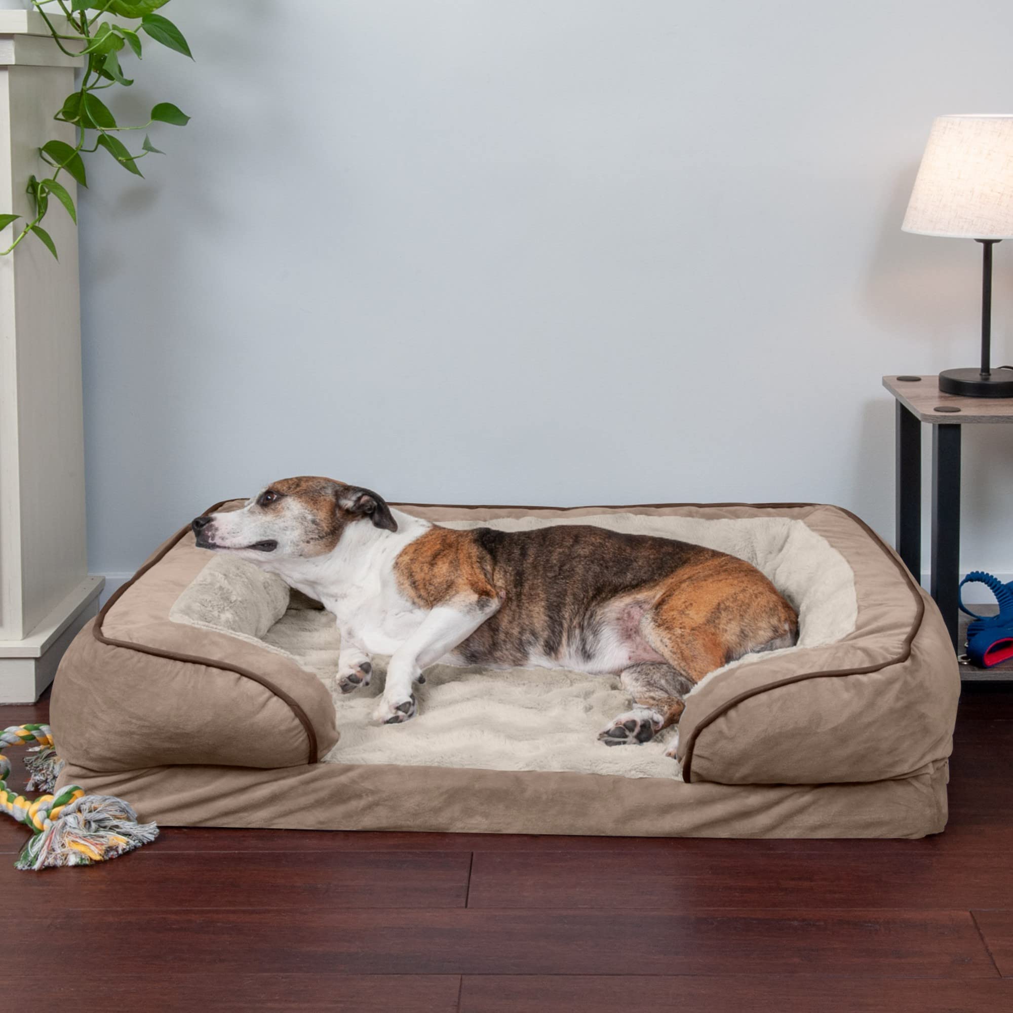**Furhaven Orthopedic Dog Bed for Large & Medium Dogs - Plush Velvet Waves Sofa with Removable Bolsters & Washable Cover - Supports Up to 55 lbs - Brownstone (Large) - Perfect for Living Room, Bedroom, or Pet-Friendly Spaces**
