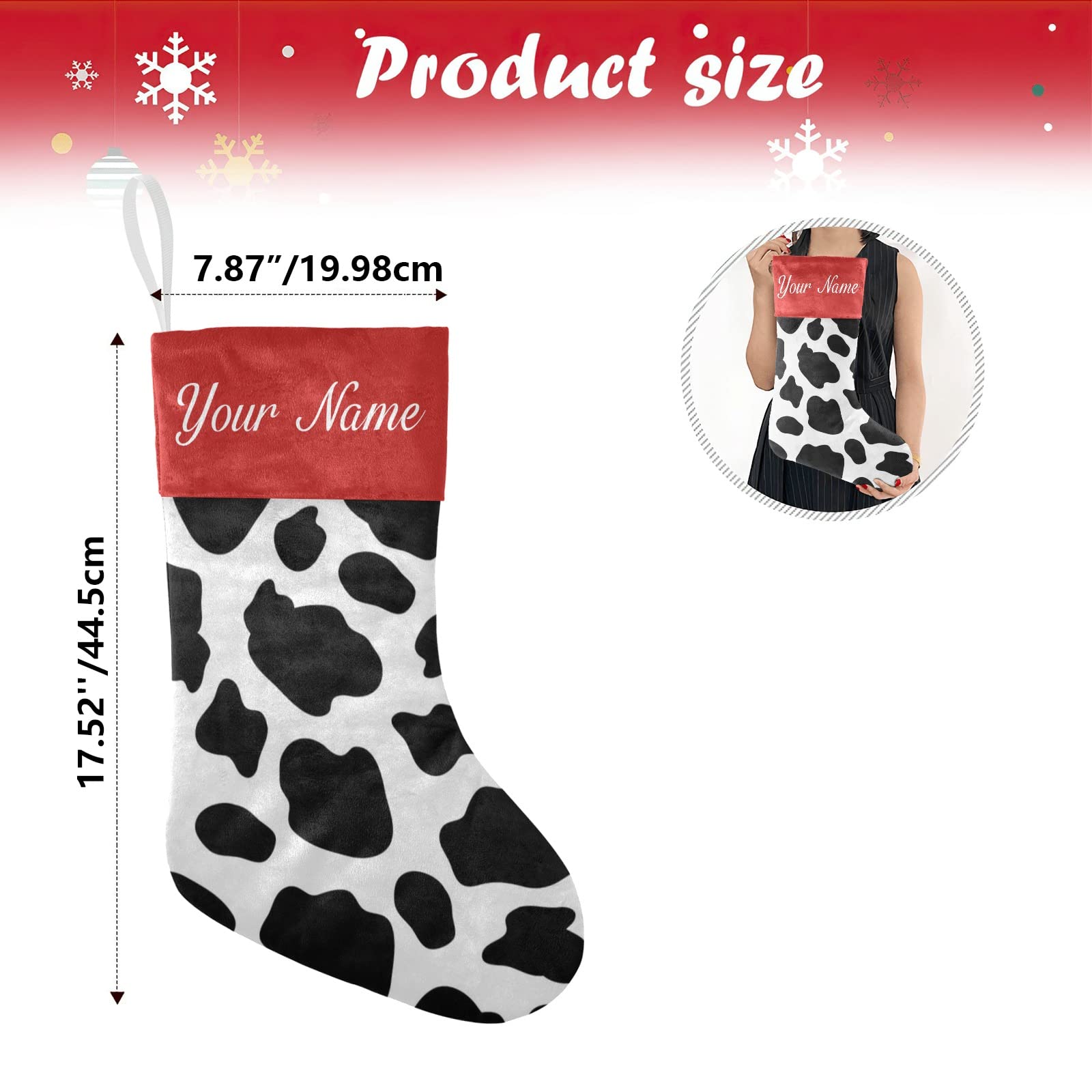 Personalized Cow Print Christmas Stockings - Black & White Custom Name Holiday Stocking Socks for Family, Party & Home Decor (17.52 x 7.87 Inch) - Perfect for Fireplace Mantel, Gift Exchange & Festive Holiday Celebrations
