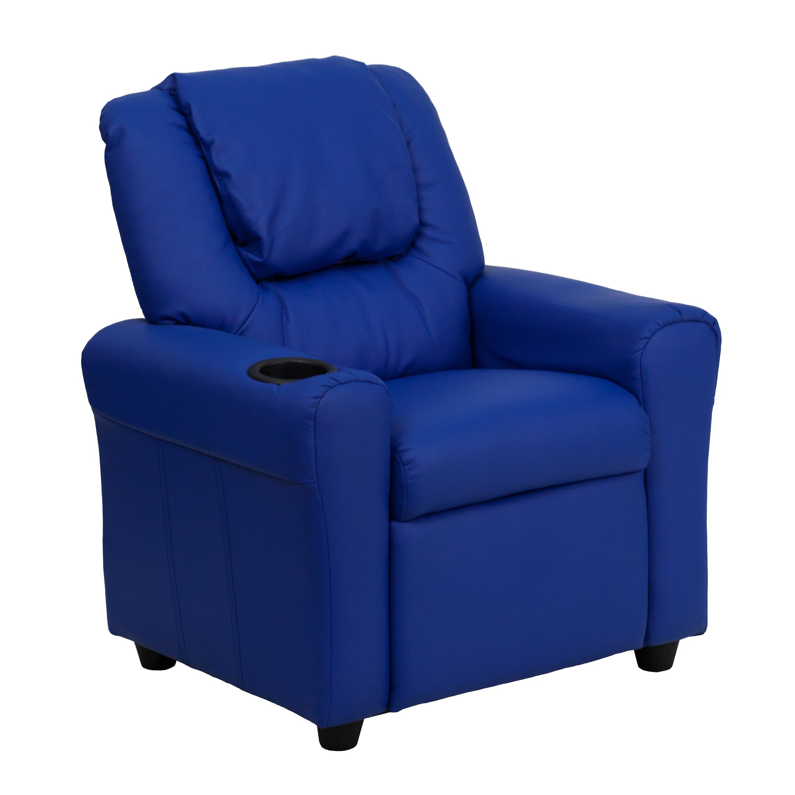 Blue Vinyl Kids Recliner Chair with Cup Holder & Headrest - Comfortable Children's Lounge Chair for Playroom, Bedroom or TV Watching