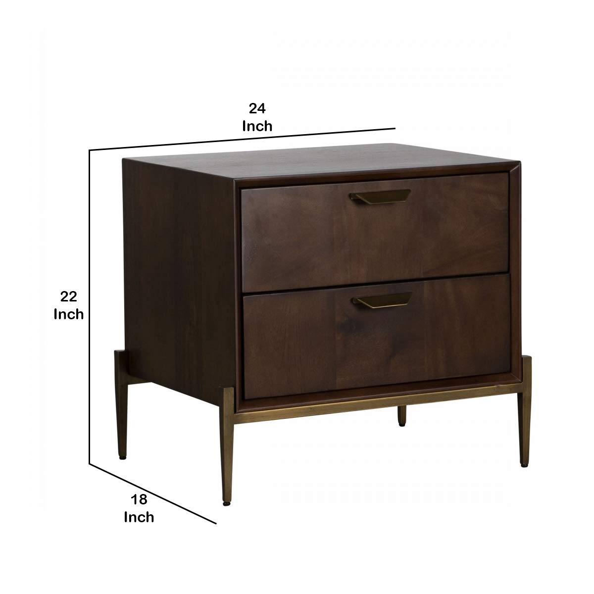 Benjara 2-Drawer Wooden Nightstand with Antique Brass Finish & Tapered Legs - Brown Bedside Table for Bedroom, Living Room, or Office Storage