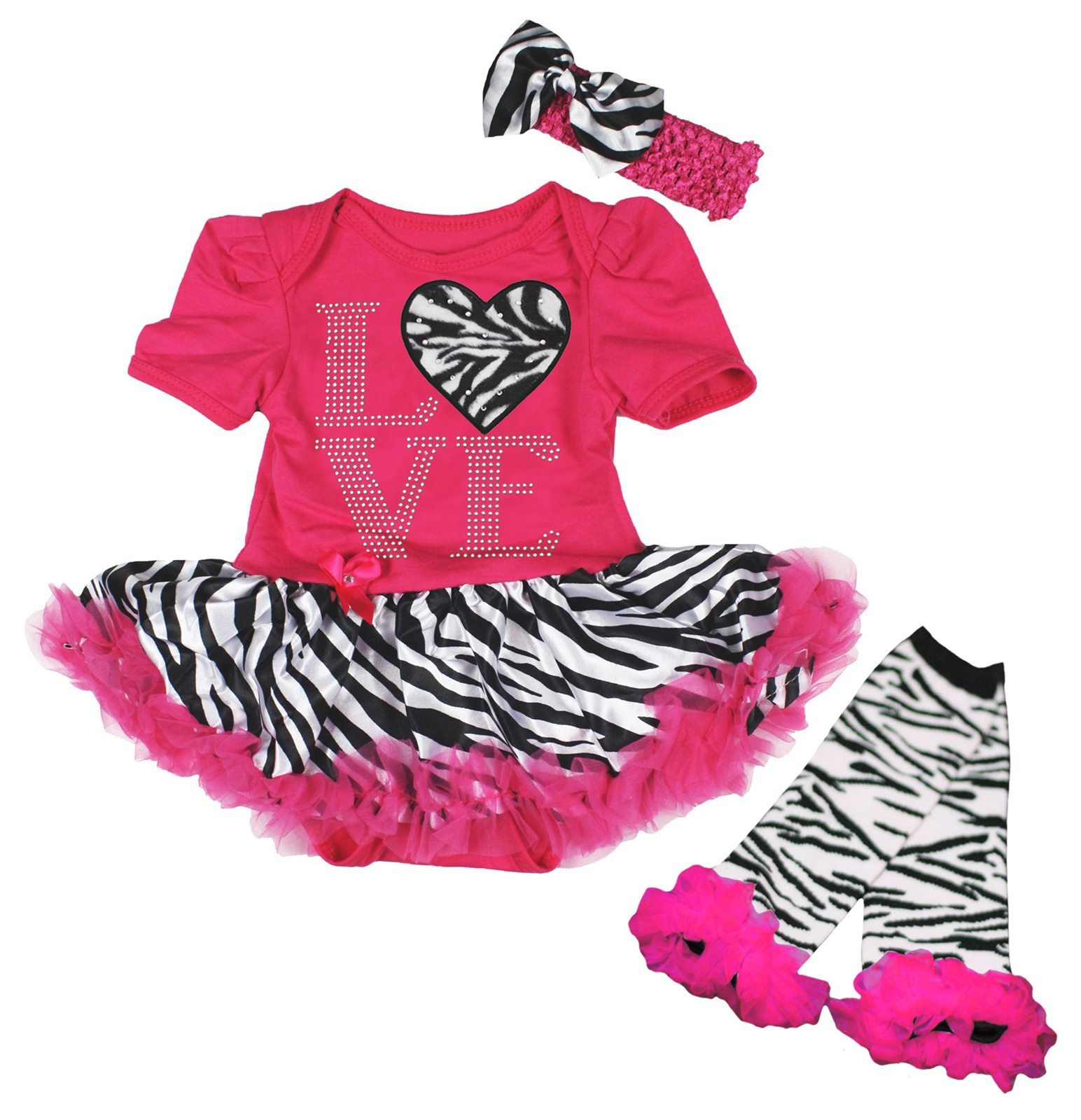 Valentine's Day Baby Girl Outfit - I Love Zebra Heart Hot Pink Bodysuit with Tutu Skirt & Leg Warmers for Newborn to 18 Months | Perfect for Photoshoots, Parties & Special Occasions