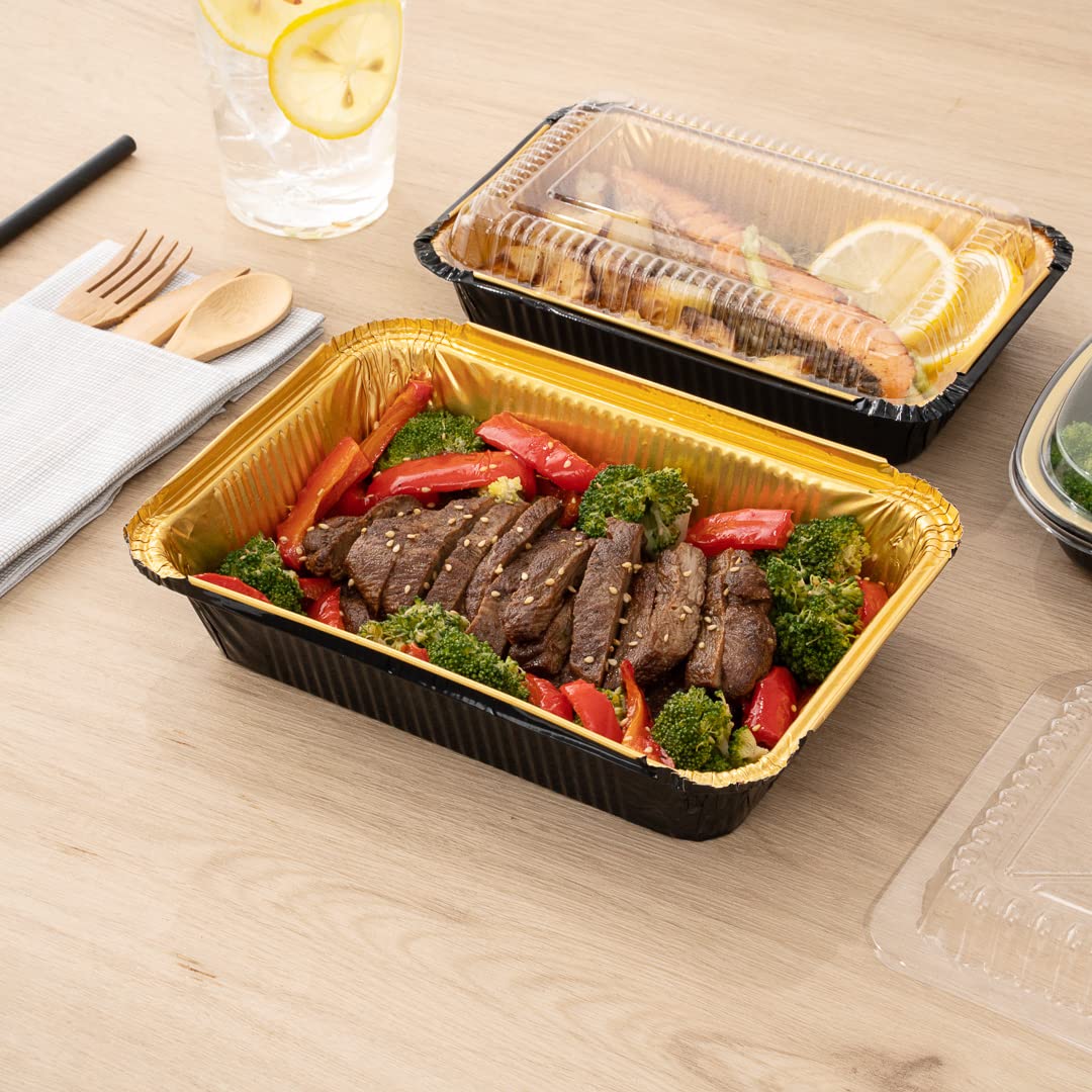 **Restaurantware Foil Lux 41 oz Heavy-Duty Aluminum Takeout Containers - 200 Recyclable Rectangle Black & Gold Foil Pans for Large Meals, Sides, Catering & Freezer Storage**