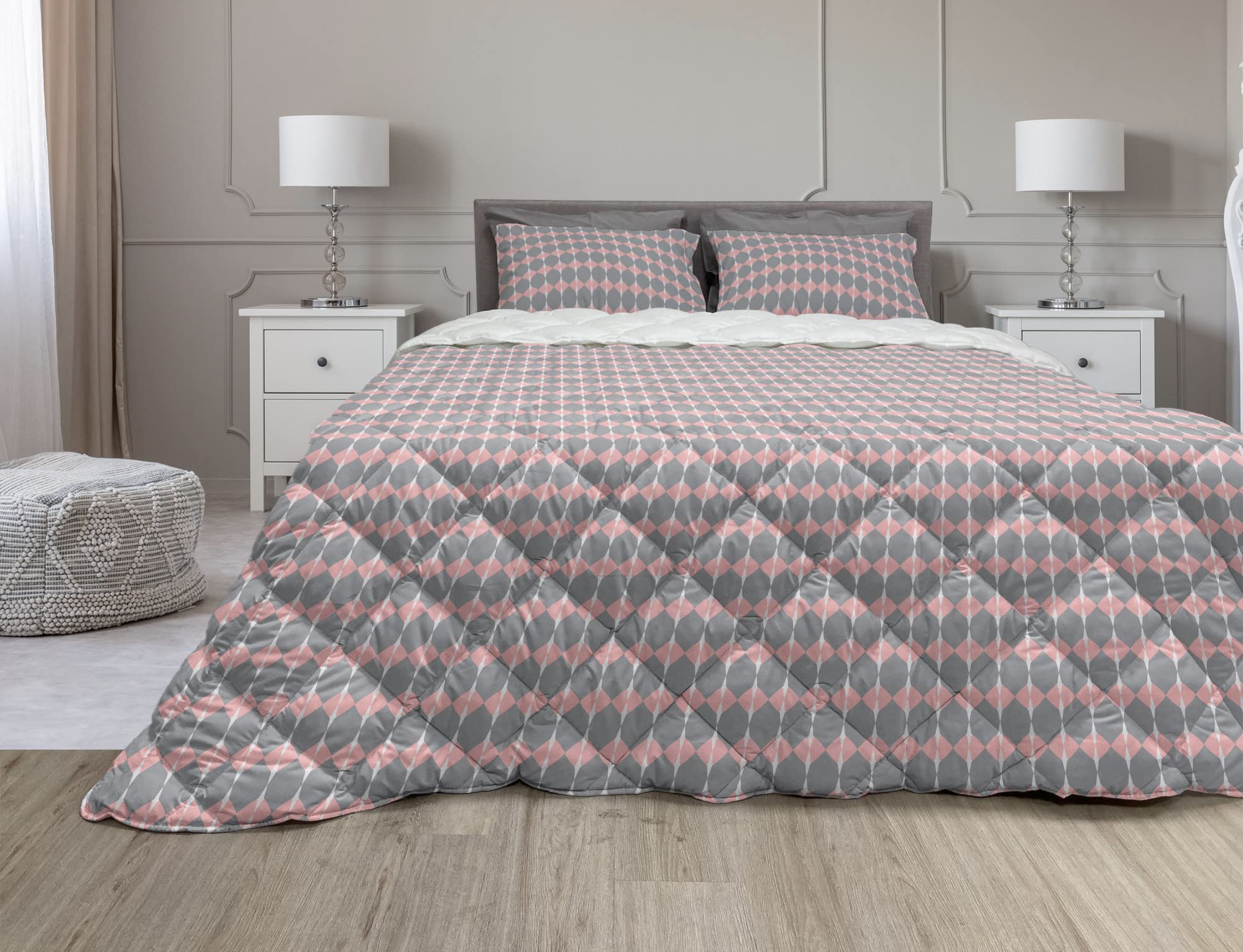 Ambesonne Geometric Comforter Set with Sham - Pink Rhombus Tile Pattern Microfiber Duvet Cover, Twin XL Size in Taupe Grey & Pale Pink | Soft Bedding for Modern Bedroom, Guest Room & Dorm Decor