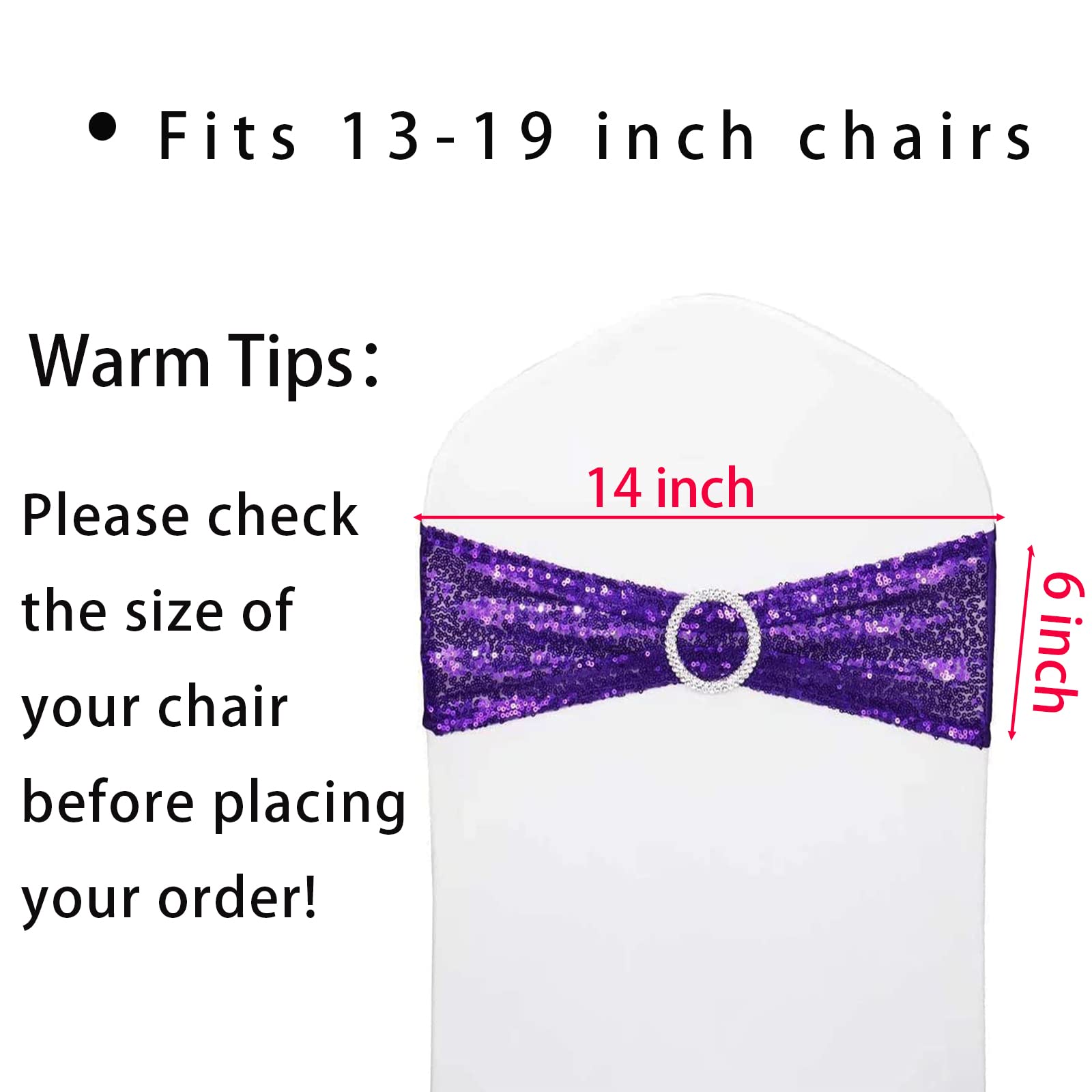 100 Pcs Sequin Stretch Chair Sashes - Spandex Polyester Decorative Bands for Wedding, Banquet & Party Decorations (Purple) | Perfect for Hotel Events, Bridal Showers & Reception Chair Decor