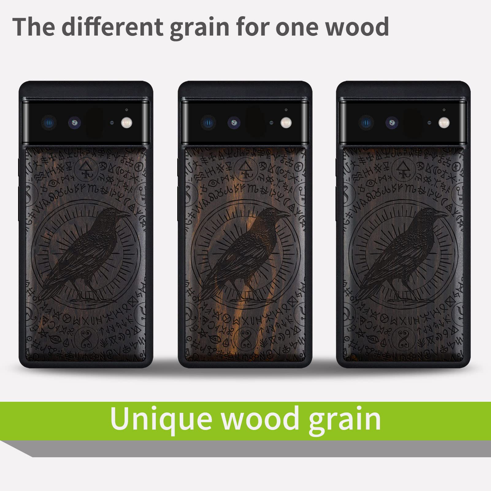 Carveit Wooden Case for Google Pixel 6 (2021) - Natural Wood & Black TPU Shockproof Protective Cover - Witchcraft Raven-Blackwood Design - Perfect for Outdoor Adventures & Everyday Protection