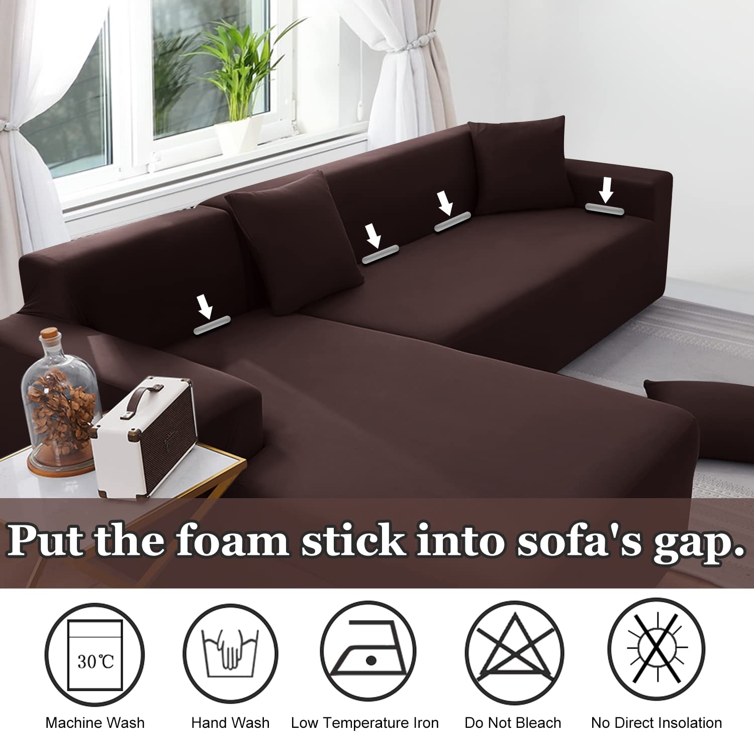 NAISI L-Shaped 2-Piece Sofa Cover - Soft Stretch Slipcover with 2 Pillowcases, Furniture Protector for Sectional Couches (3-Seater + 3-Seater, Coffee Color) - Perfect for Living Room, Family Room & Pet-Friendly Homes