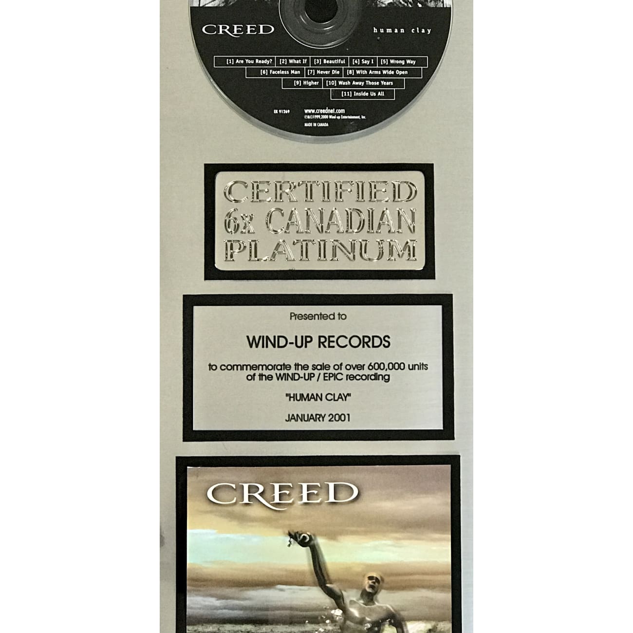 Creed Human Clay CRIA 6x Platinum Album Award - Official Music Collectible for Display & Memorabilia - Perfect for Music Fans, Awards Shows & Home Decor