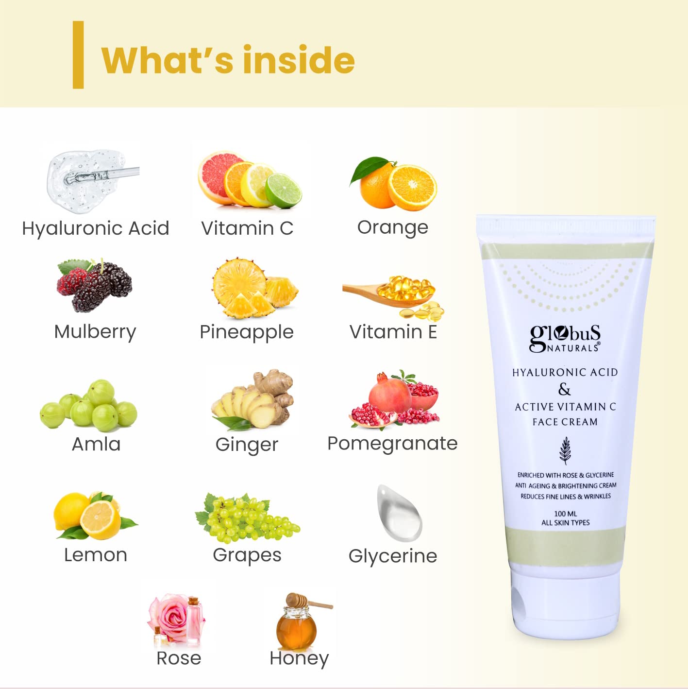 Globus Naturals Hyaluronic Acid & Vitamin C Anti-Aging Face Cream with Rose & Glycerin - Skin Brightening & Hydrating Formula for Wrinkles & Dull Skin - 100ml (Pack of 1) - Perfect for Daily Skincare Routine & Nighttime Moisturizing
