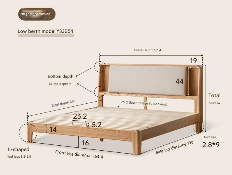 Solid Oak Wood Leather & Fabric Luminous Bed with Shelf - Modern Platform Bed Frame with Storage for Bedroom, Guest Room, or Dorm