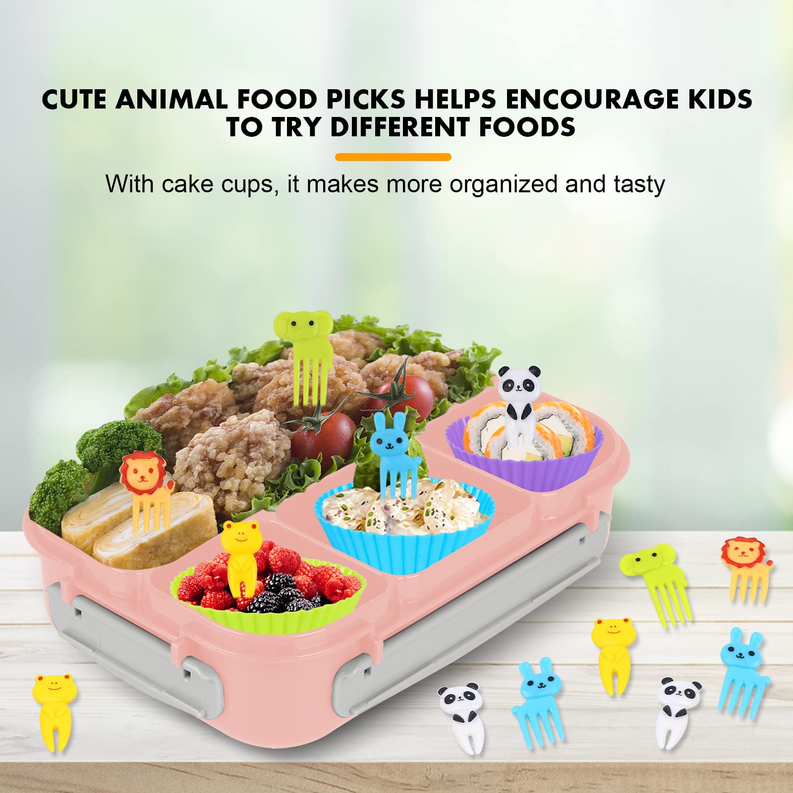 **1300ML Leak-Proof Bento Box for Adults & Kids - 4 Compartment Lunch Box with Food Picks & Cake Cups - Microwave, Dishwasher & Freezer Safe - Ideal for School, Office & Picnics (Pink)**