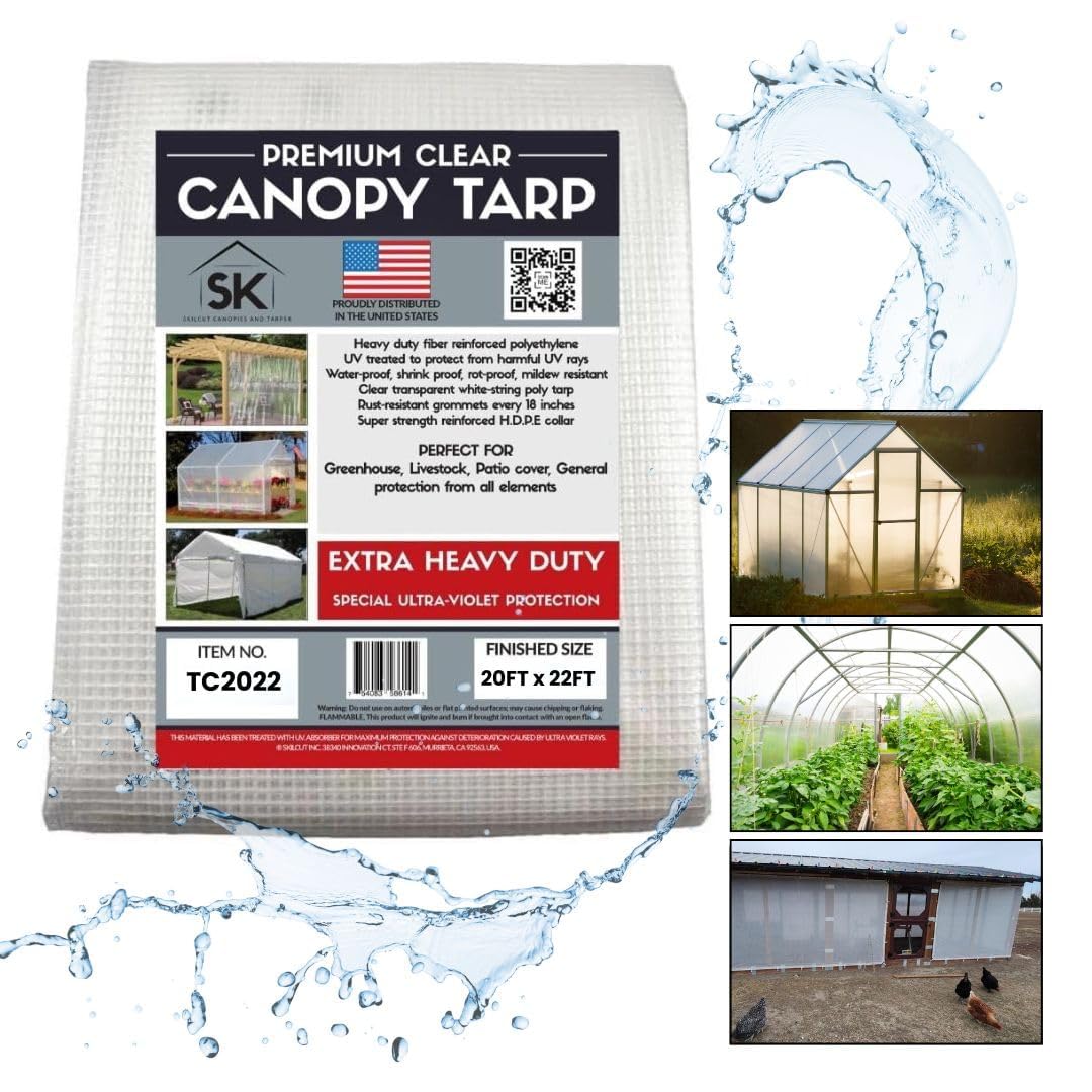 16 Mil Heavy Duty Clear Poly Tarp with Fiber Reinforcement - UV Resistant, Tear Proof, Flexible Waterproof Cover with Reinforced Corners (20x22 ft) - Perfect for Outdoor Equipment Protection, Construction Sites, and Camping Gear Cover