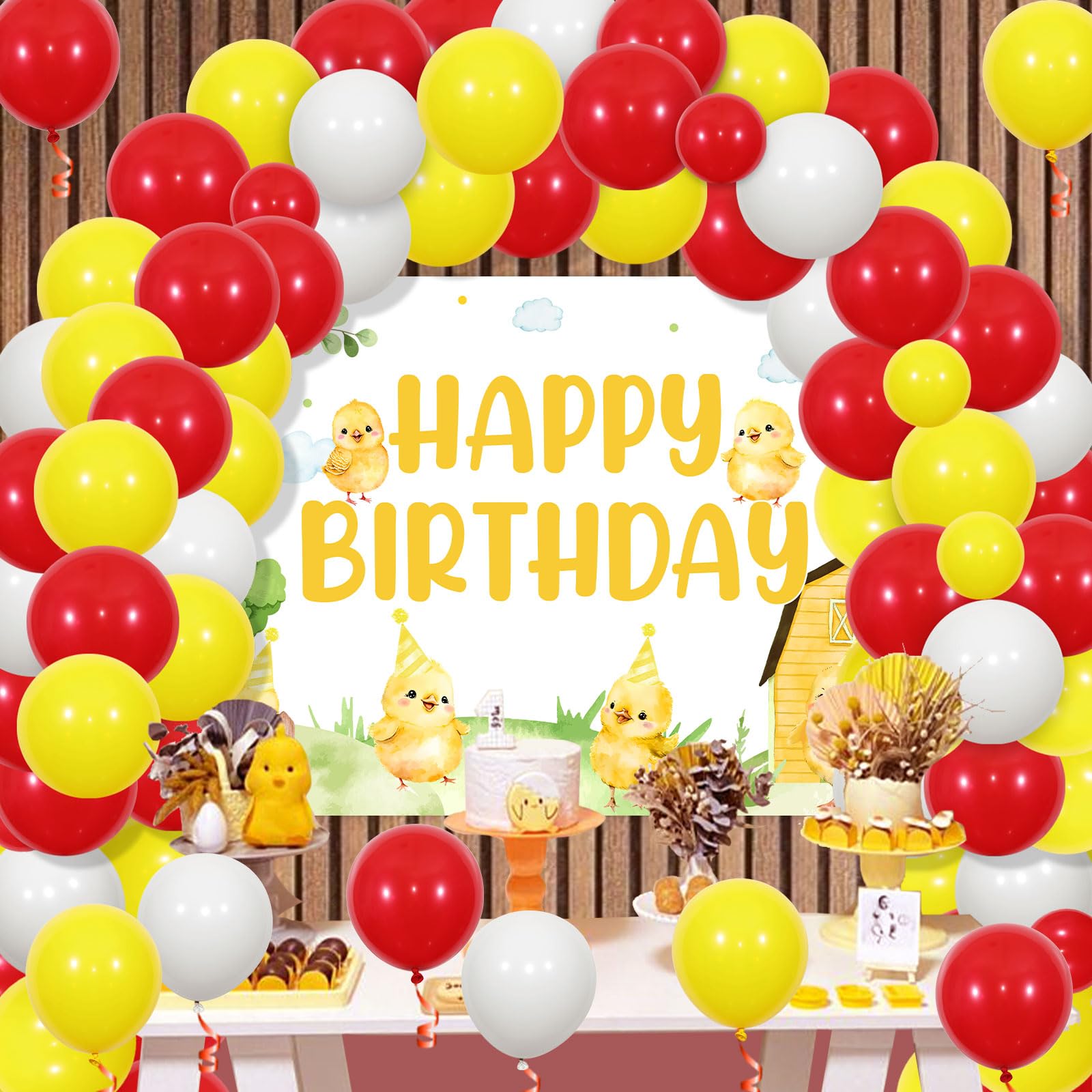 Kreatwow Chicken Birthday Decorations Kit - Happy Birthday Backdrop, Yellow Balloon Garland, Chick & Farm Animal Party Supplies for Farm-Themed Birthday Celebrations | Perfect for Kids' Birthday Parties, Barnyard Events & Farm Animal Lovers