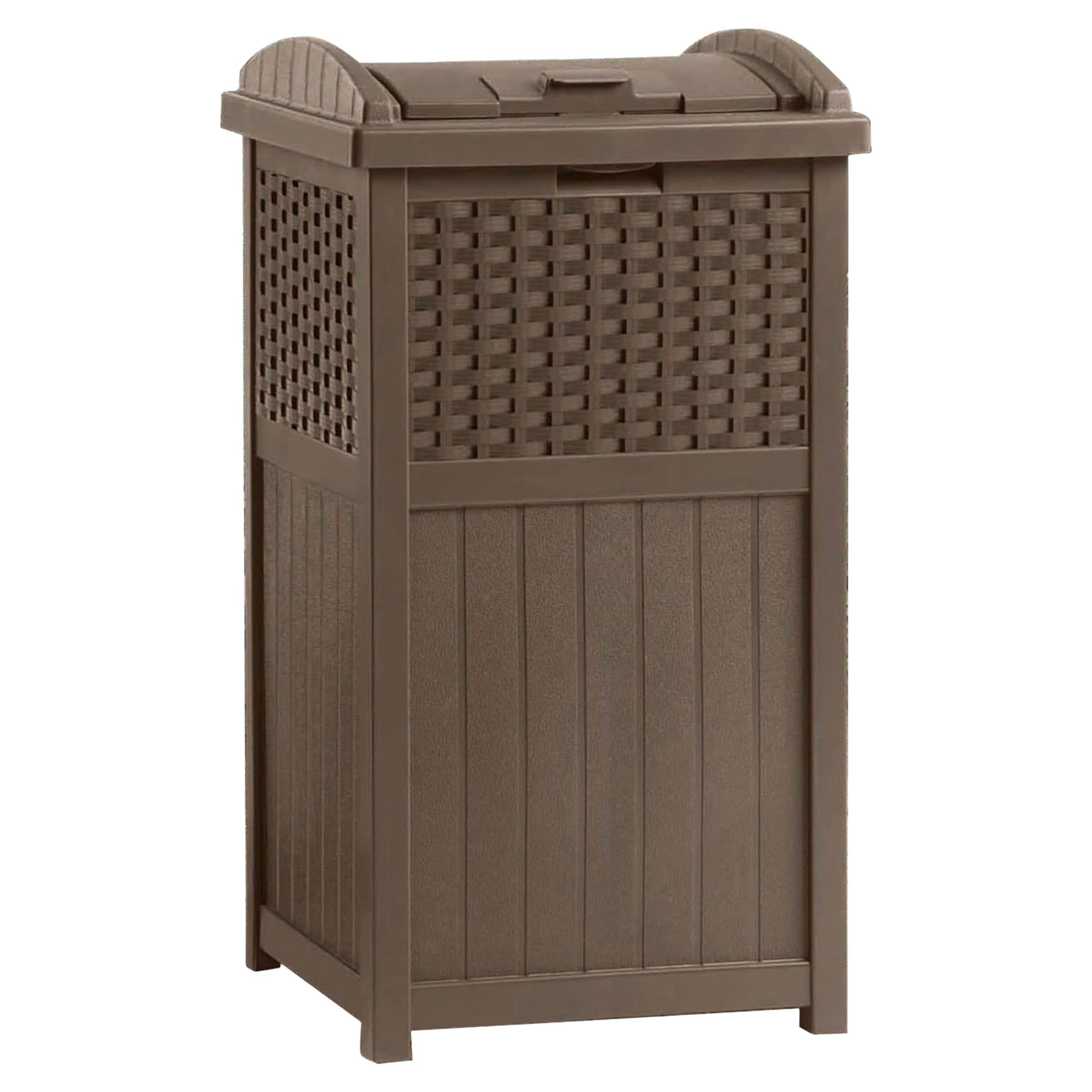 Suncast 33 Gallon Resin Wicker Outdoor Trash Hideaway Garbage Can - 4 Pack Set for Patio, Deck, Backyard & Garden Waste Disposal