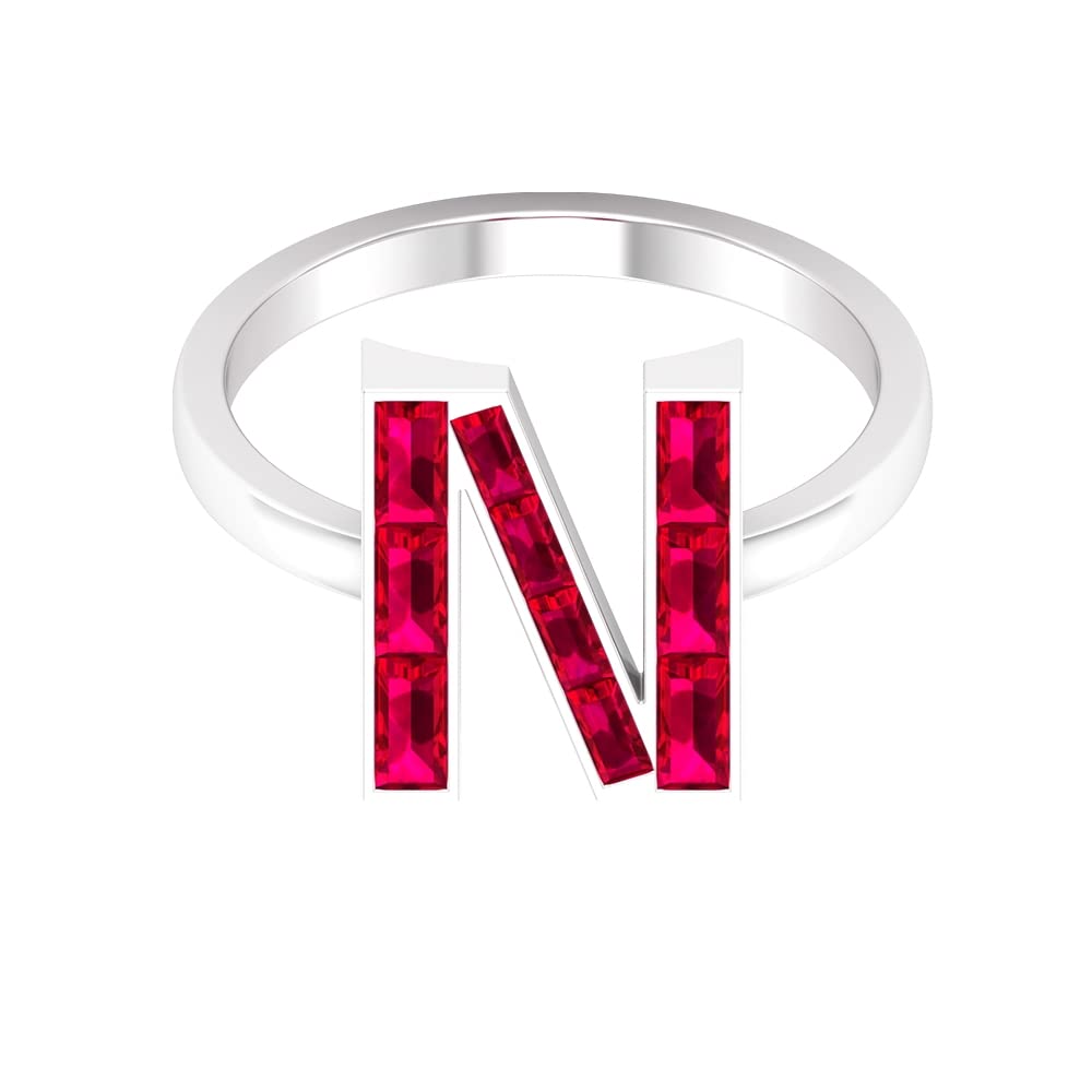 Exquisite Ruby Initial Rings for Women - 14K White Gold Baguette Ruby A-Z Alphabet Rings | Personalized Name Letter Rings | Elegant Jewelry for Gifts, Anniversaries & Special Occasions