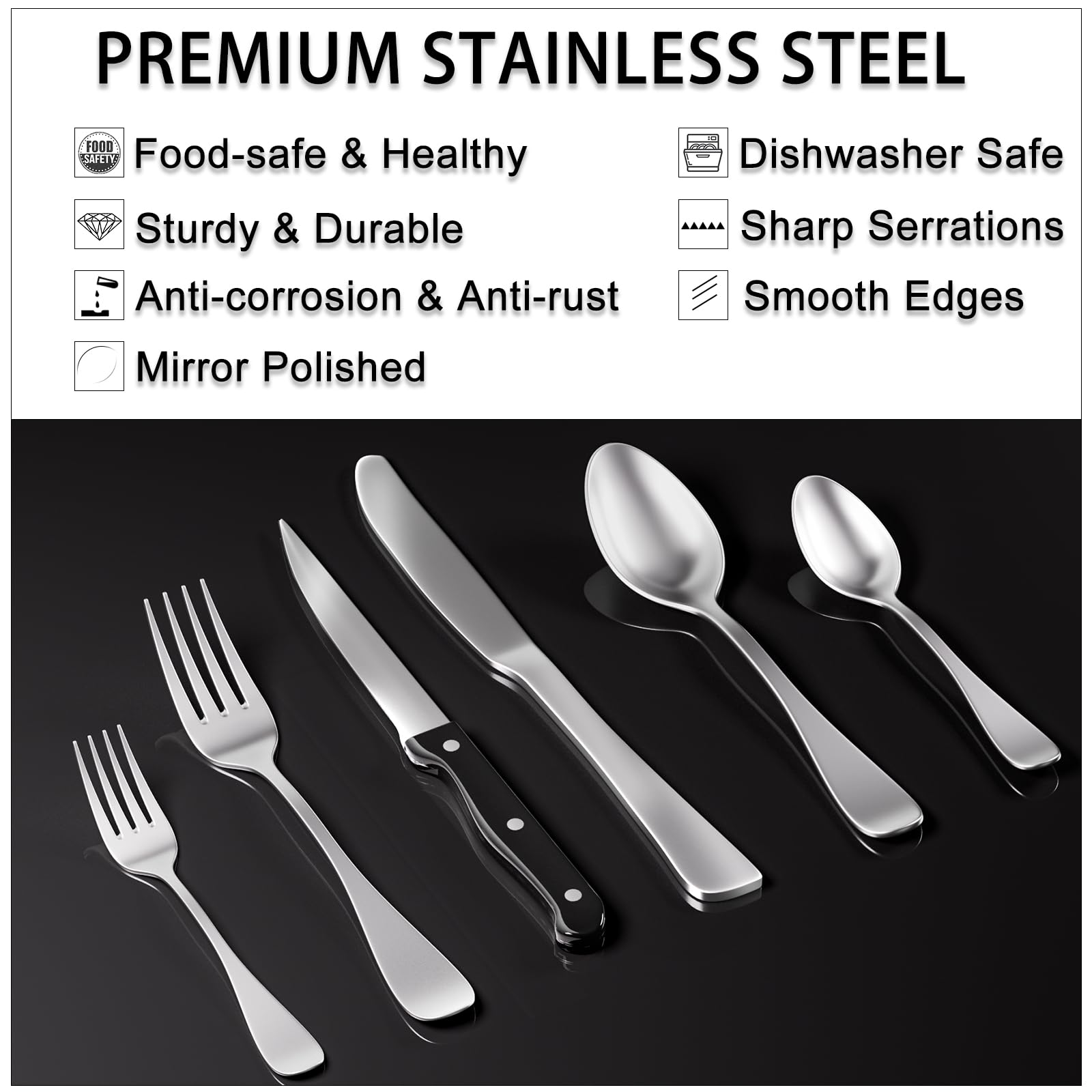 49-Piece Stainless Steel Silverware Set with Organizer - Mirror Polished Flatware for 8 (Forks, Spoons, Steak Knives) - Elegant Kitchen Utensils & Tableware Service Tray for Dinner Parties, Restaurants, and Home Use