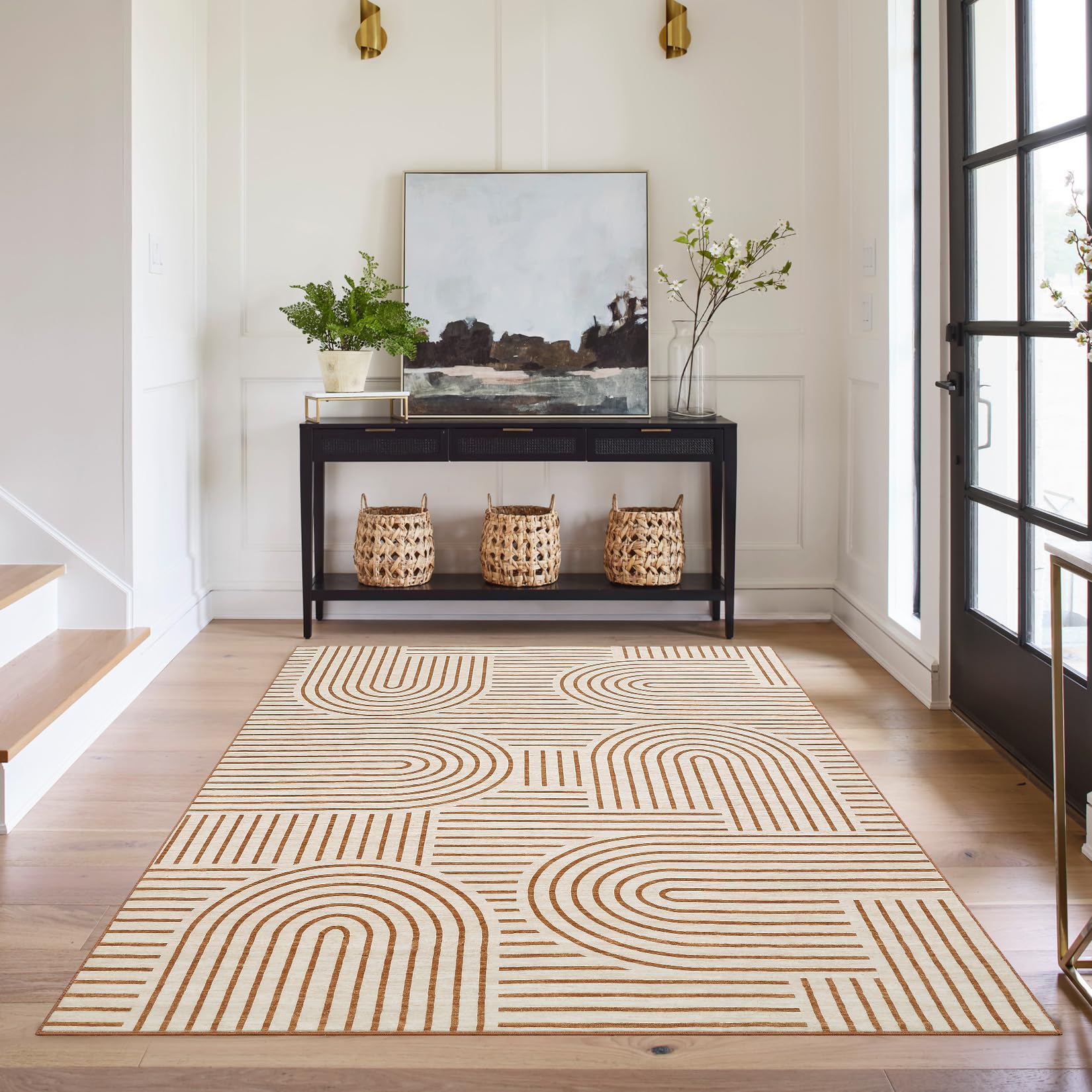 Washable 8x10 Area Rug - Non-Slip Soft Rainbow Boho Geometric Carpet for Living Room, Bedroom & Dining Room | Low Pile Stain Resistant Abstract Design with Rubber Backing | Perfect for Home Decor, Kids Play Area & High Traffic Spaces (Orange)
