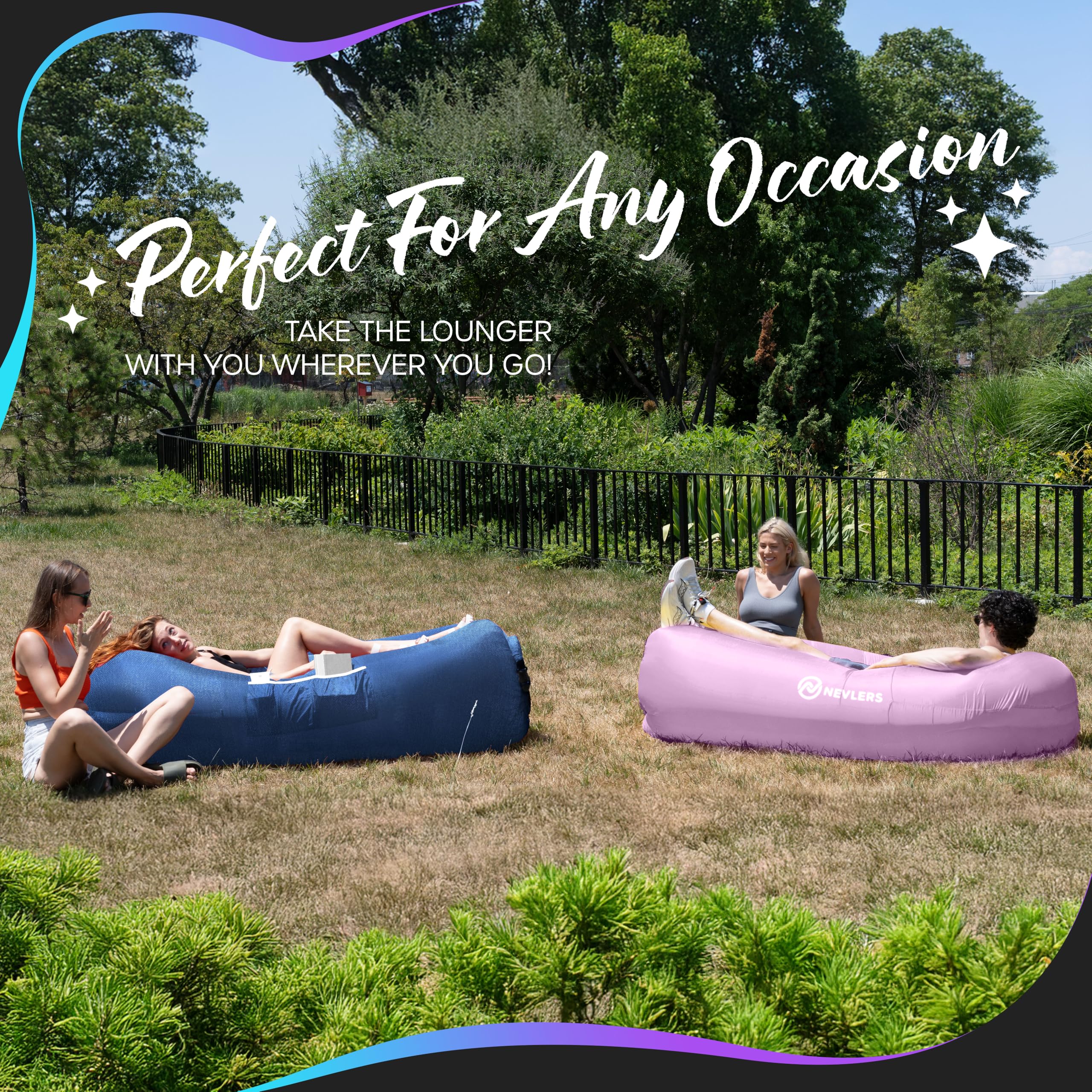 Nevlers 2 Pack Inflatable Loungers - Portable Air Sofa Couch for Beach, Camping & Outdoor | Includes Travel Bag, Pegs & 3 Storage Pockets | Perfect for Picnics, Backyard Relaxing, Poolside Lounging & Festival Seating | Quick Blow Up Lounger Chair