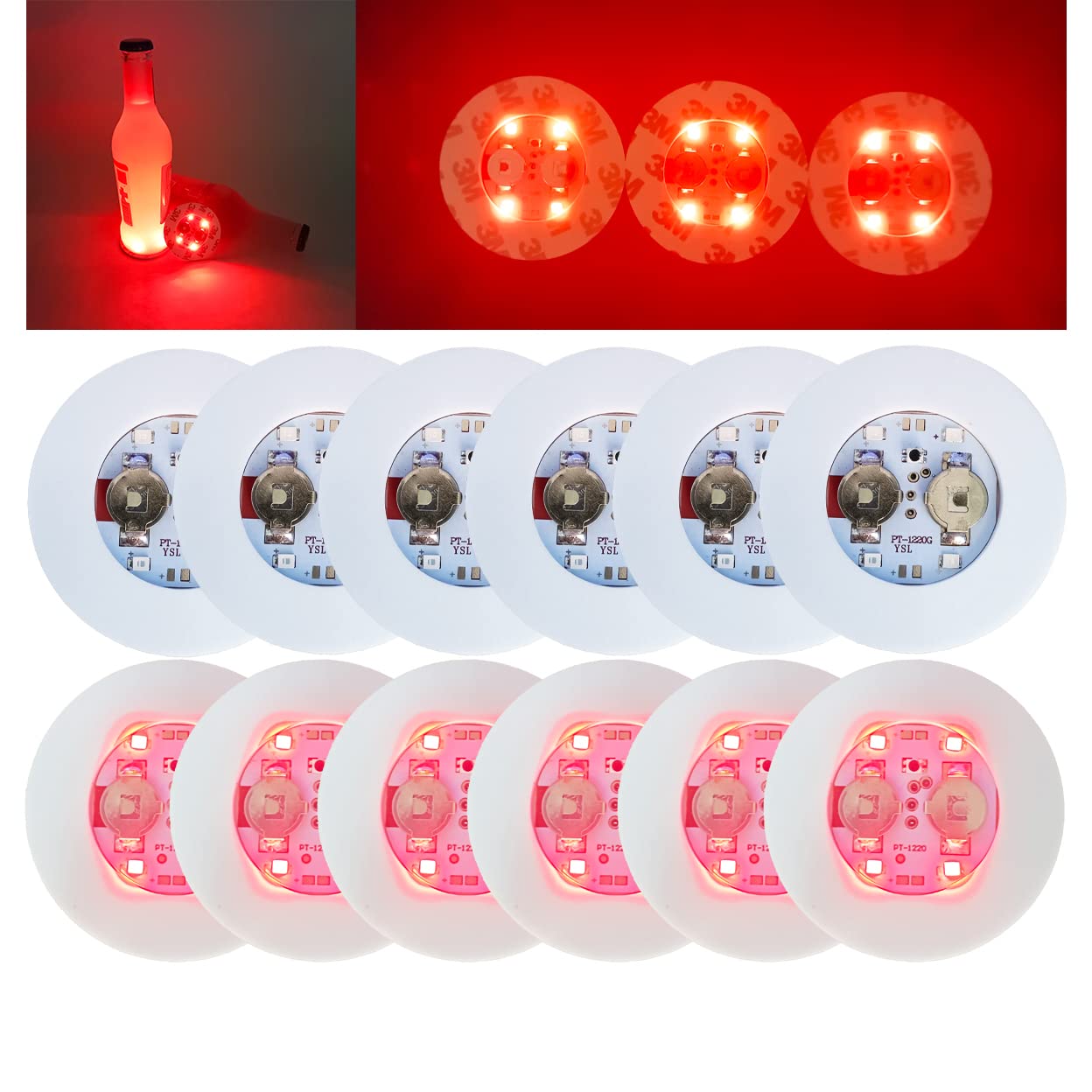 12 Pack LED Coasters - Glowing Drink Coasters with Glitter for Beer, Wine & Cocktails - Perfect for Club, Bar, Party & Wedding Decor (Red) - Adds Fun Lighting to Night Events & Home Entertaining