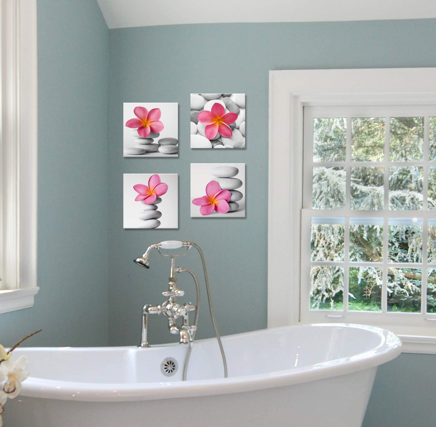 Modern Pink Flowers & Grey Pebble Stones Canvas Wall Art - Bathroom & Bedroom Decor for Home, Office, or Gift - Genius Decor