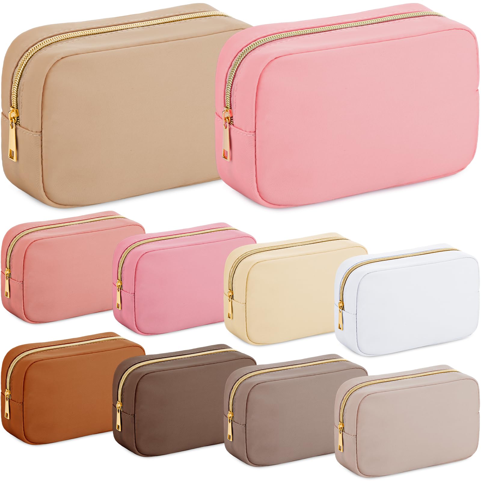 Sweetude Kacctyen 10-Piece Nylon Makeup Bag Set - Reusable Cosmetic Organizer for Women, Large Capacity Travel Toiletry Bag with Zipper (Pink & Brown) - Perfect for Travel, Gym, Daily Makeup Storage & Organization