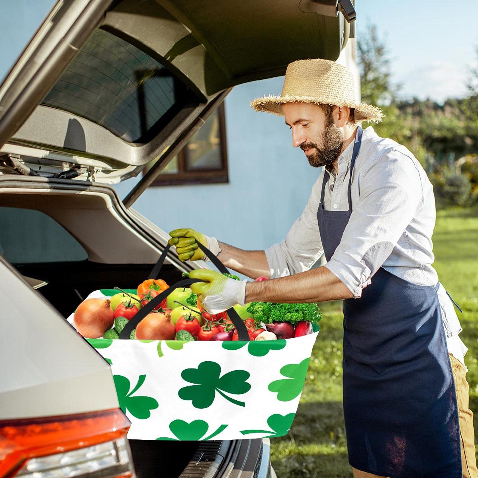 Eco-Friendly Reusable Grocery Bags - Shamrock Pattern Collapsible Storage Tote with Long Handles | Perfect for Shopping, Picnics & Home Organization
