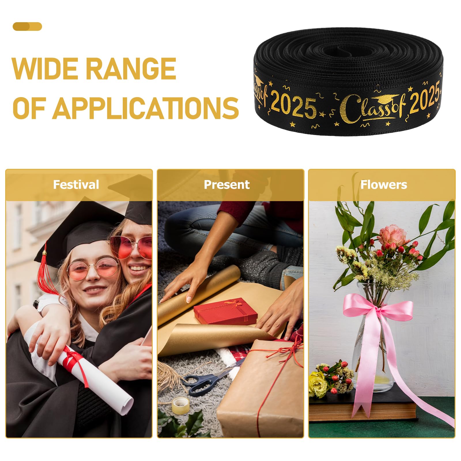 Amosfun Graduation Ribbon - Class of 2024 Satin Ribbon in Black & Gold - Congrats Grad Decorations for Graduation Ceremony, Classroom Party, Gift Wrapping & Diploma Presentation