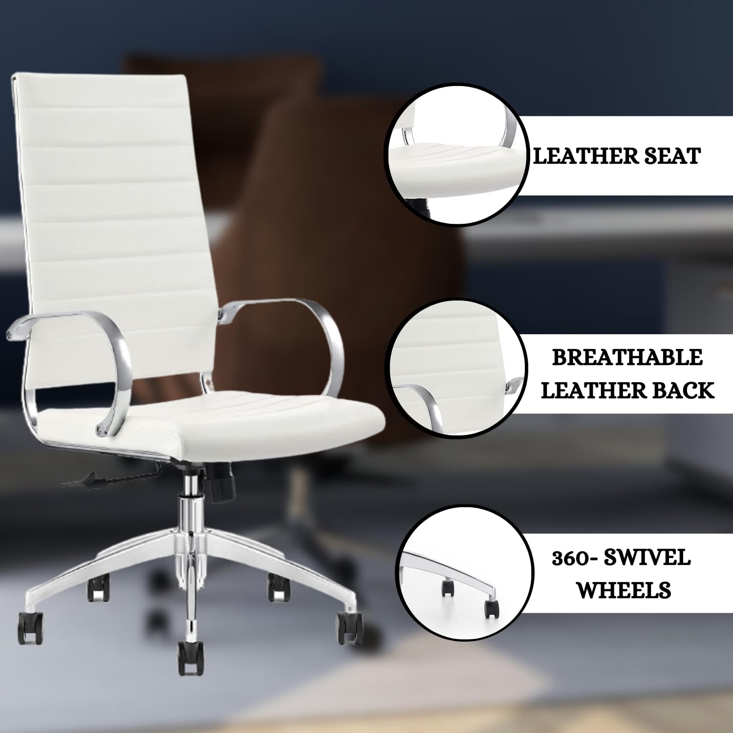 Ergonomic Ribbed High Back Conference Room Chair with Lumbar Support - Modern Executive Office Chair with 360° Swivel & Rolling Wheels - Aluminum Chrome Frame & Base - White Home Office Chair (Pack of 1) - Perfect for Meetings, Workstations & Home Offices