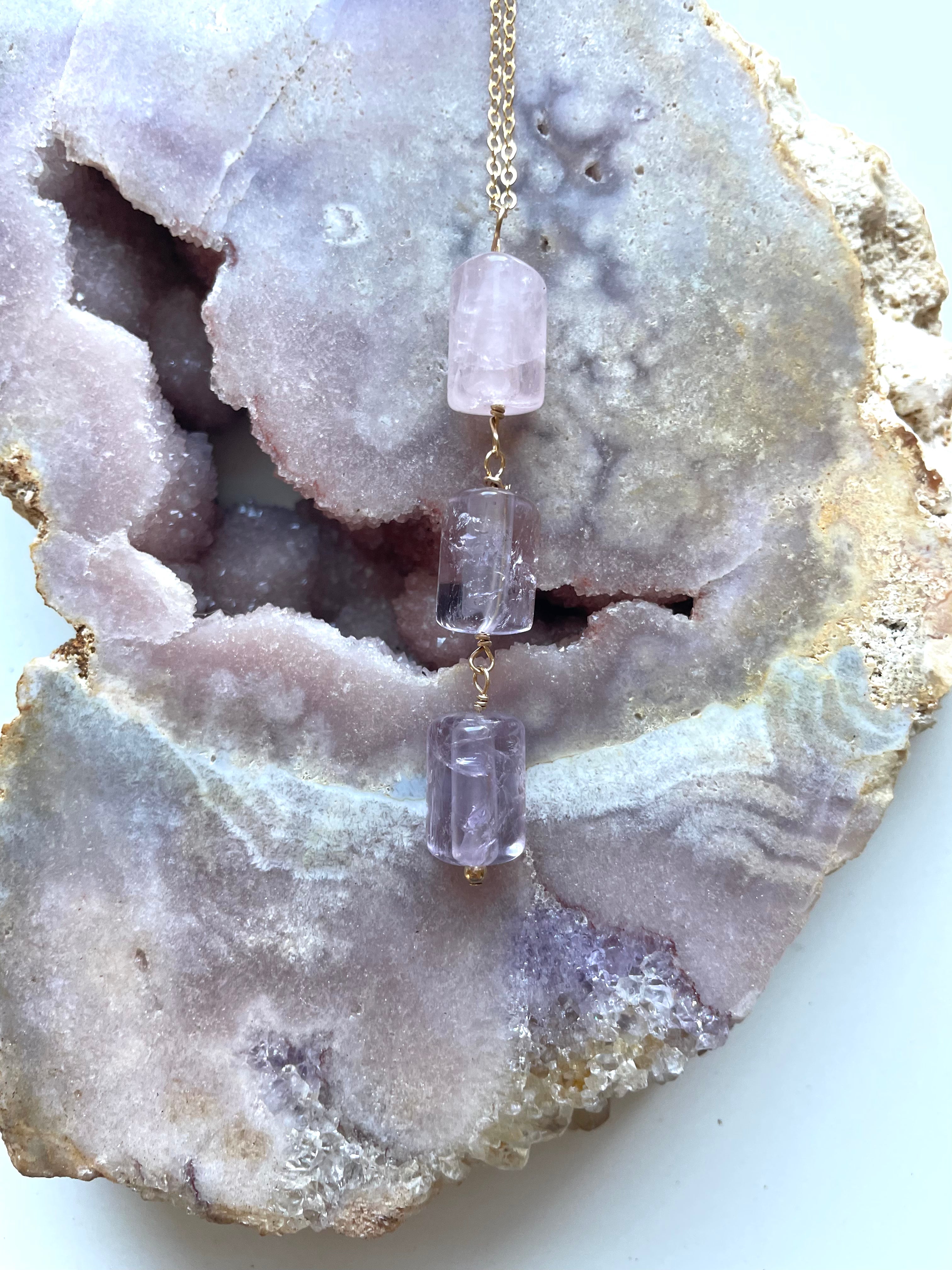 Rose Quartz and Amethyst Crystal Gemstone Lariat Necklace - Elegant Healing Jewelry for Women, Perfect for Meditation, Yoga & Spiritual Gifts