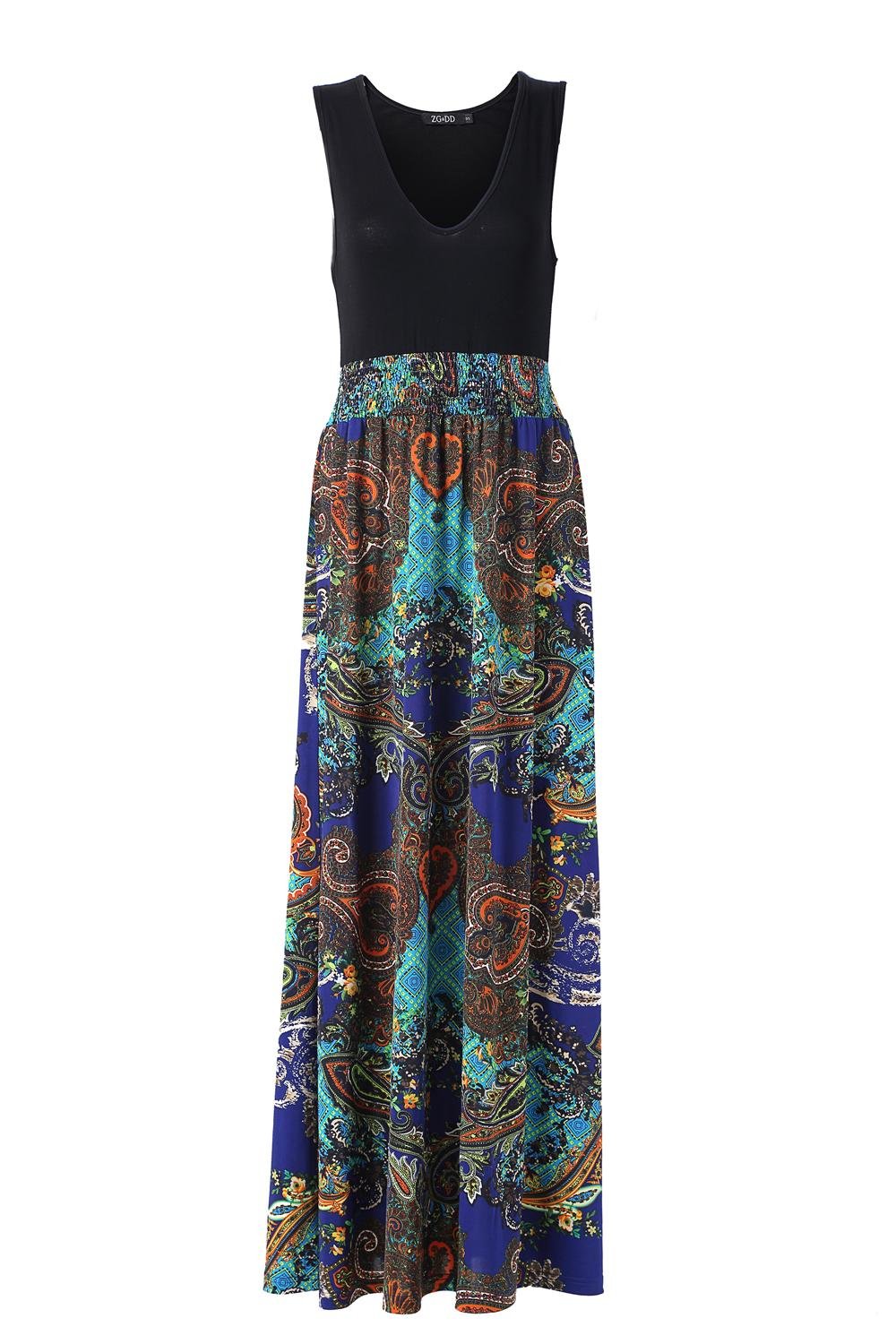Easyhon Women's Floral Print Sleeveless Maxi Dress - Summer Contrast Tank Top for Beach Vacation, Party & Casual Outings