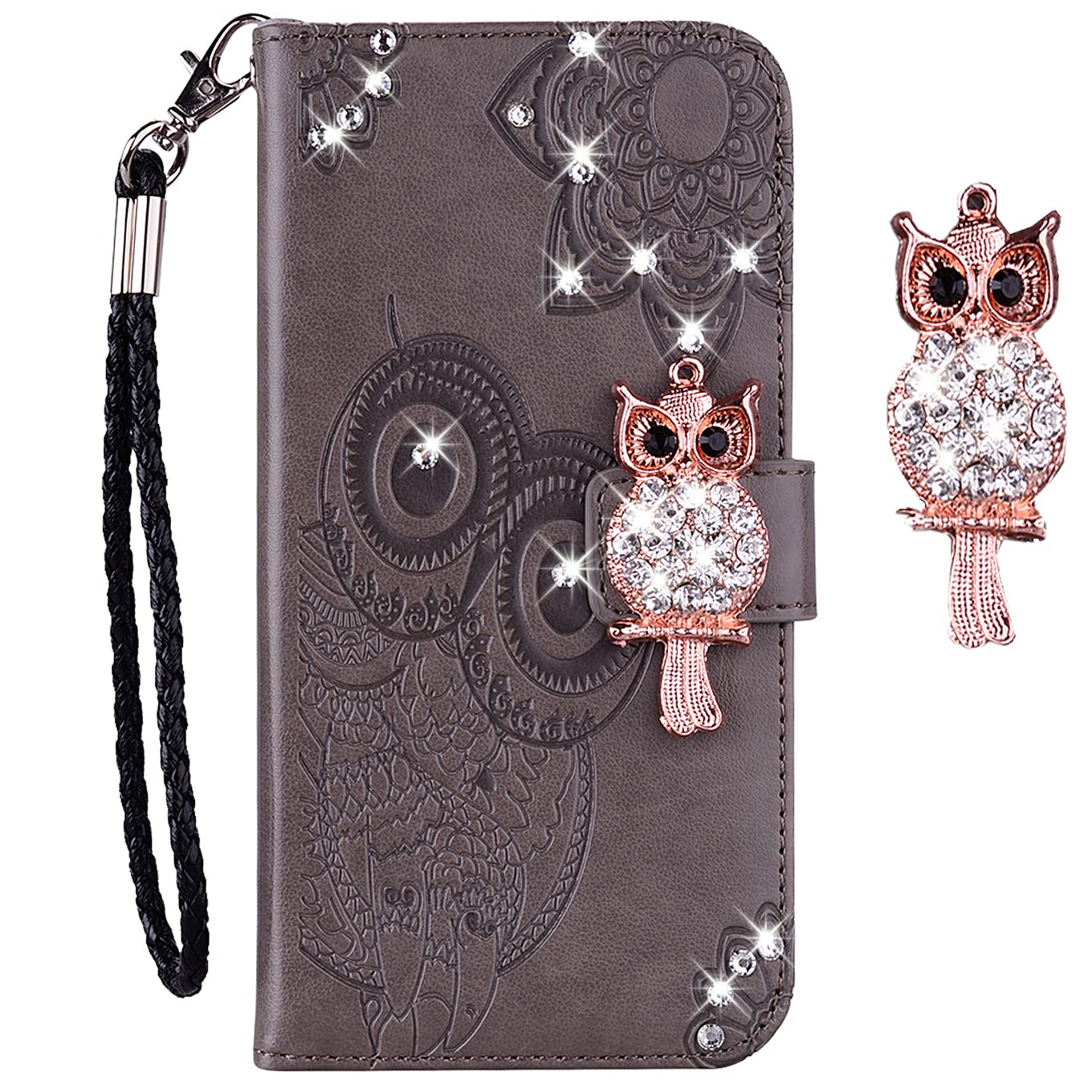 Premium Glitter Bling Diamond PU Leather Wallet Case for iPhone 13 Pro Max - Credit Card Holder & Wrist Strap Included (Owl Grey) | Stylish Protective Flip Cover for Everyday Use, Travel & Shopping