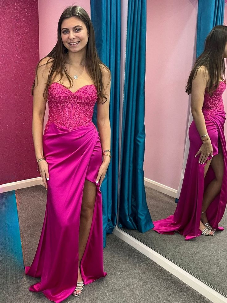 Fuchsia Lace Satin Ruched Mermaid Prom Dress J5937 - Elegant Formal Gown for Homecoming, Quinceañera & Evening Parties