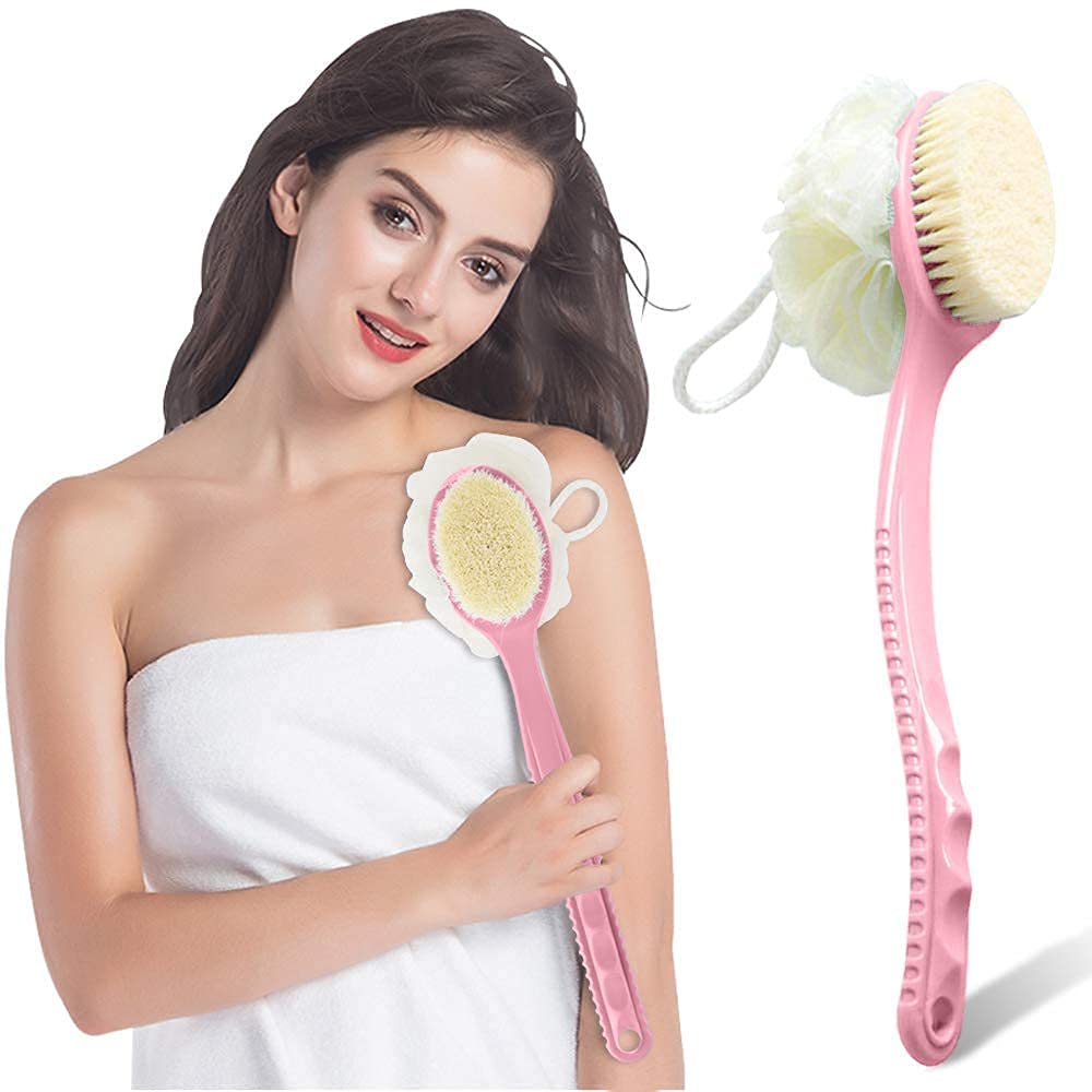 2-in-1 Body Bath Brush with Bristles & Loofah Back Scrubber - Long Curved Handle for Wet/Dry Skin - Exfoliating Shower Brush for Men & Women - Perfect for Deep Cleansing & Dead Skin Removal (Multi-Color, Pack of 1) - Ideal for Shower, Bath & Spa Days