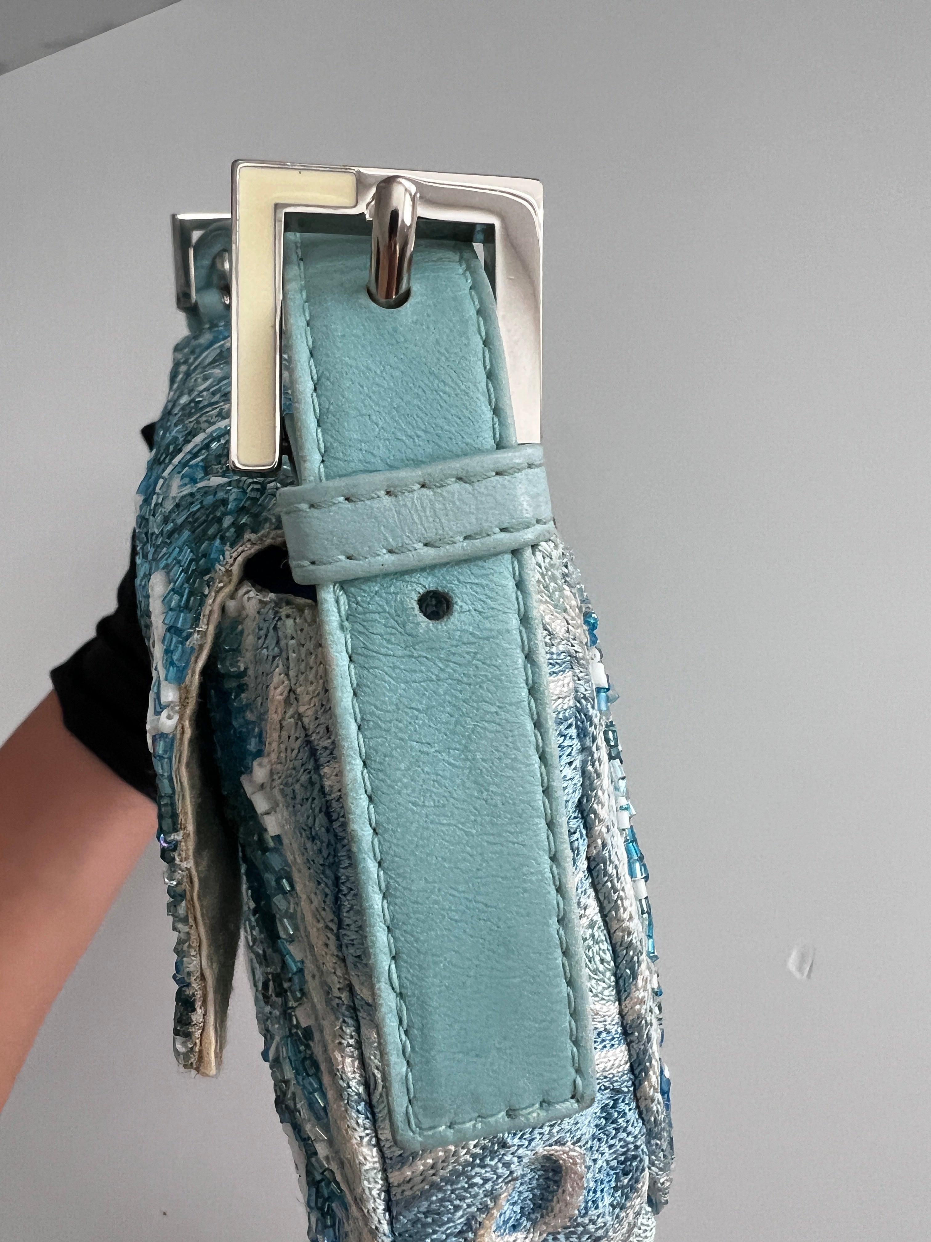 Fendi Light Blue Wave Pattern Beaded Baguette Bag - Luxury Designer Crossbody Purse for Women, Perfect for Parties, Weddings & Evening Events