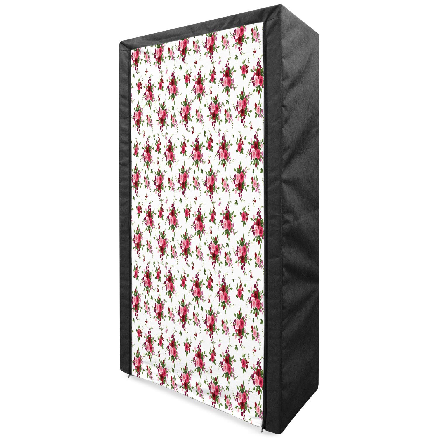 Ambesonne Floral Fabric Wardrobe Closet - Portable Clothing Organizer with Shelves, Romantic Victorian Roses & Freesia Bridal Bouquet Pattern, 33.5 Inch Pink Ruby Green Storage - Perfect for Bedroom, Closet Organization & Guest Room Storage