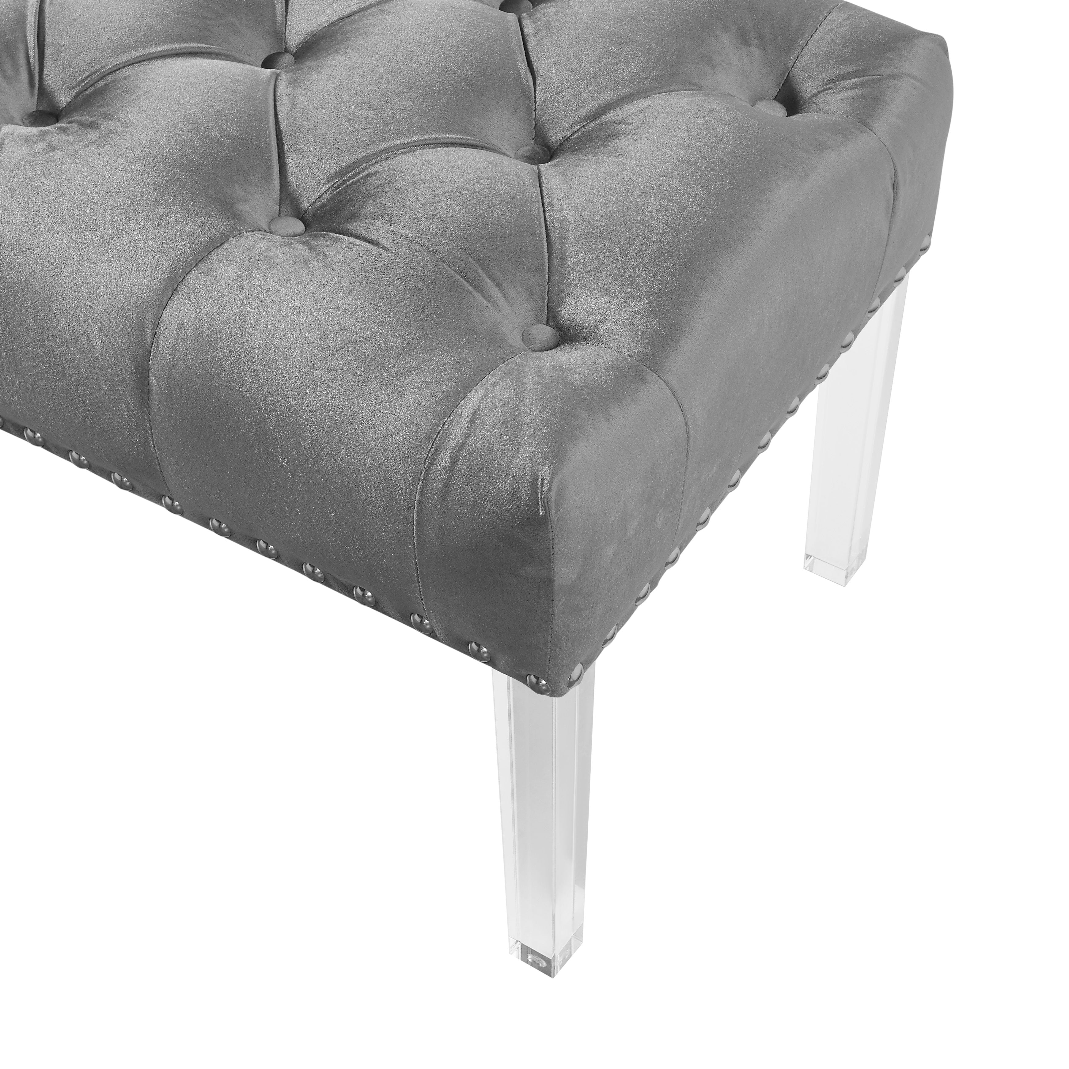 Roundhill Furniture Valley Button Tufted Velvet Upholstered Bench with Acrylic Legs - Gray Velvet Storage Ottoman for Bedroom, Living Room & Entryway