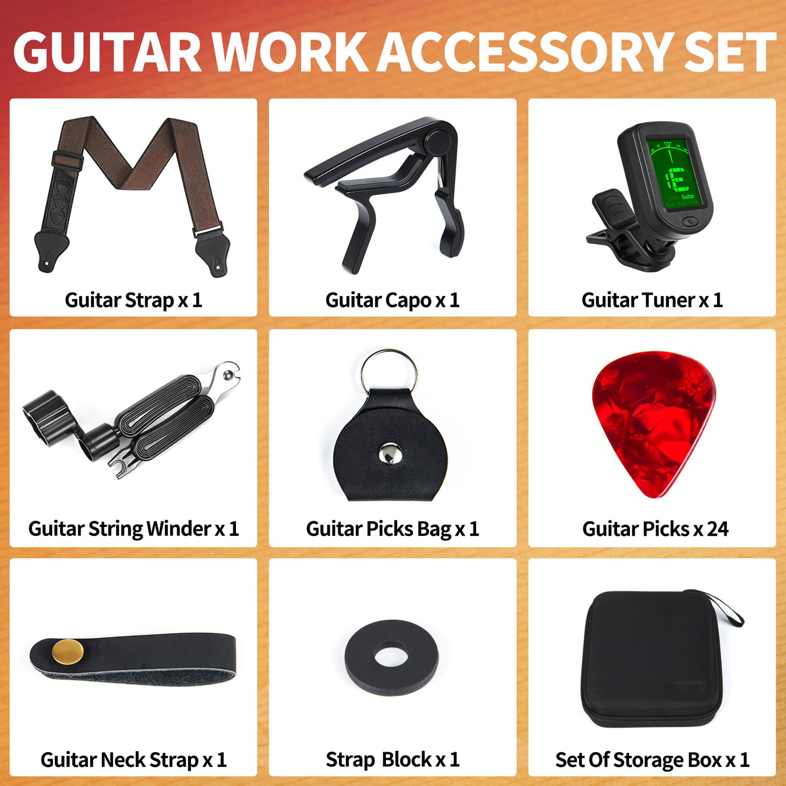 Premium Guitar Accessories Kit - Strap, Capo, Picks, Tuner & String Winder - Perfect Gift for Men & Beginners - Ideal for Practice, Performances & Music Lessons