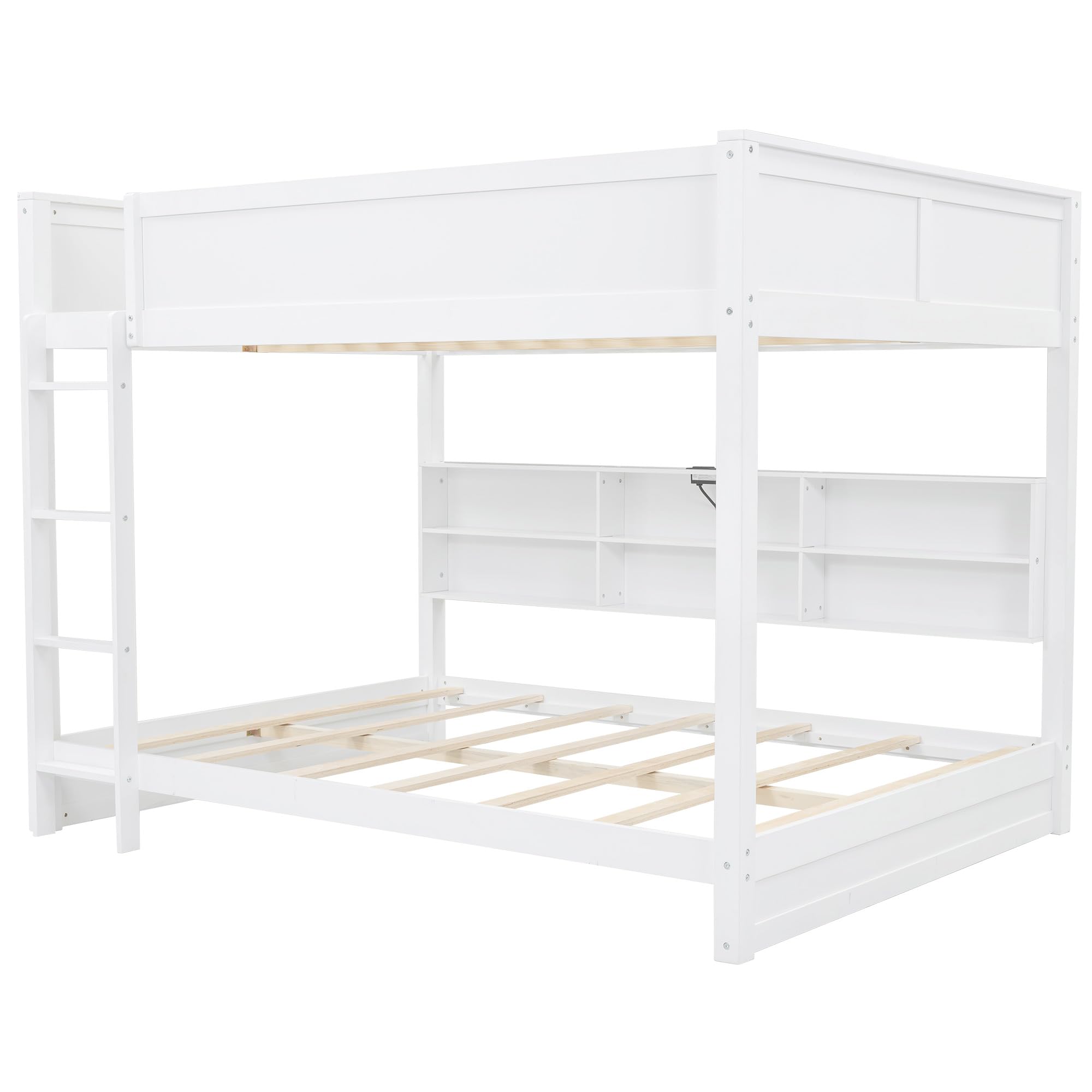 Merax Queen Over Queen Bunk Bed with Storage Shelves & USB Ports - Solid Wood Space-Saving Bunk Bed for Adults & Kids - Perfect for Small Bedrooms, Guest Rooms & Vacation Homes