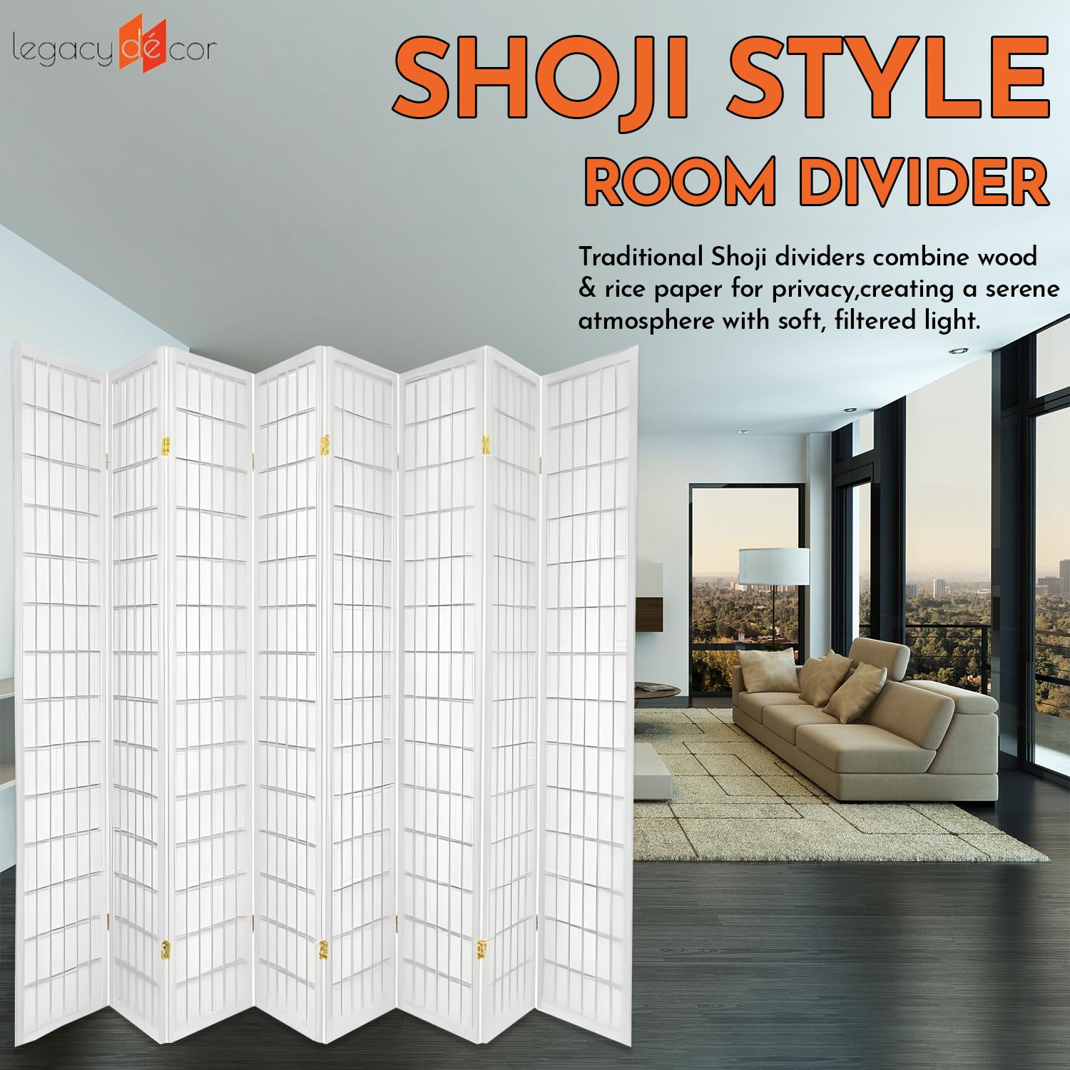 Legacy Decor 8-Panel Room Divider - 6ft Tall Portable Foldable Freestanding Privacy Screen - Shoji Style Dressing Screen for Home Office & Studio - White Temporary Wall Partition - Perfect for Creating Private Spaces in Bedrooms, Living Rooms & Workspaces