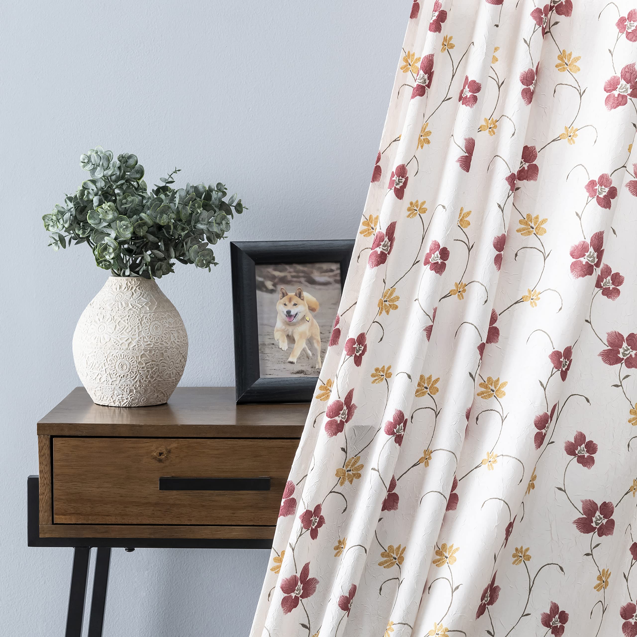 Ellis Curtain Zoe Crushed Taffeta Floral Print Window Curtain Panel - 48 x 63 Inches, Wine Red - Perfect for Living Room, Bedroom & Home Decor