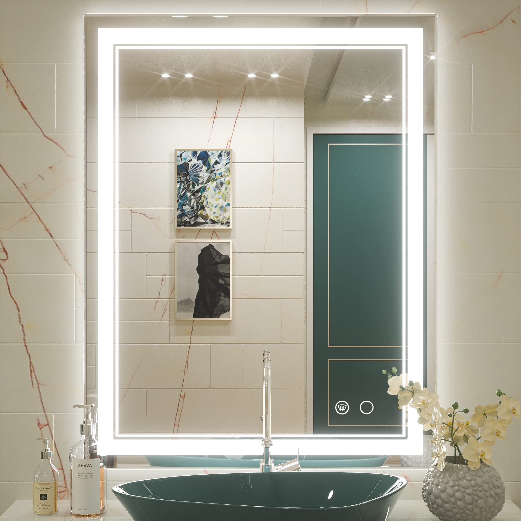 Keonjinn 28 x 36 Inch LED Bathroom Mirror with 3 Color Lights, Dimmable Anti-Fog Vanity Mirror with HD Tempered Glass & UL Listed Driver - Perfect for Makeup, Shaving & Home Decor (Horizontal/Vertical Mounting)