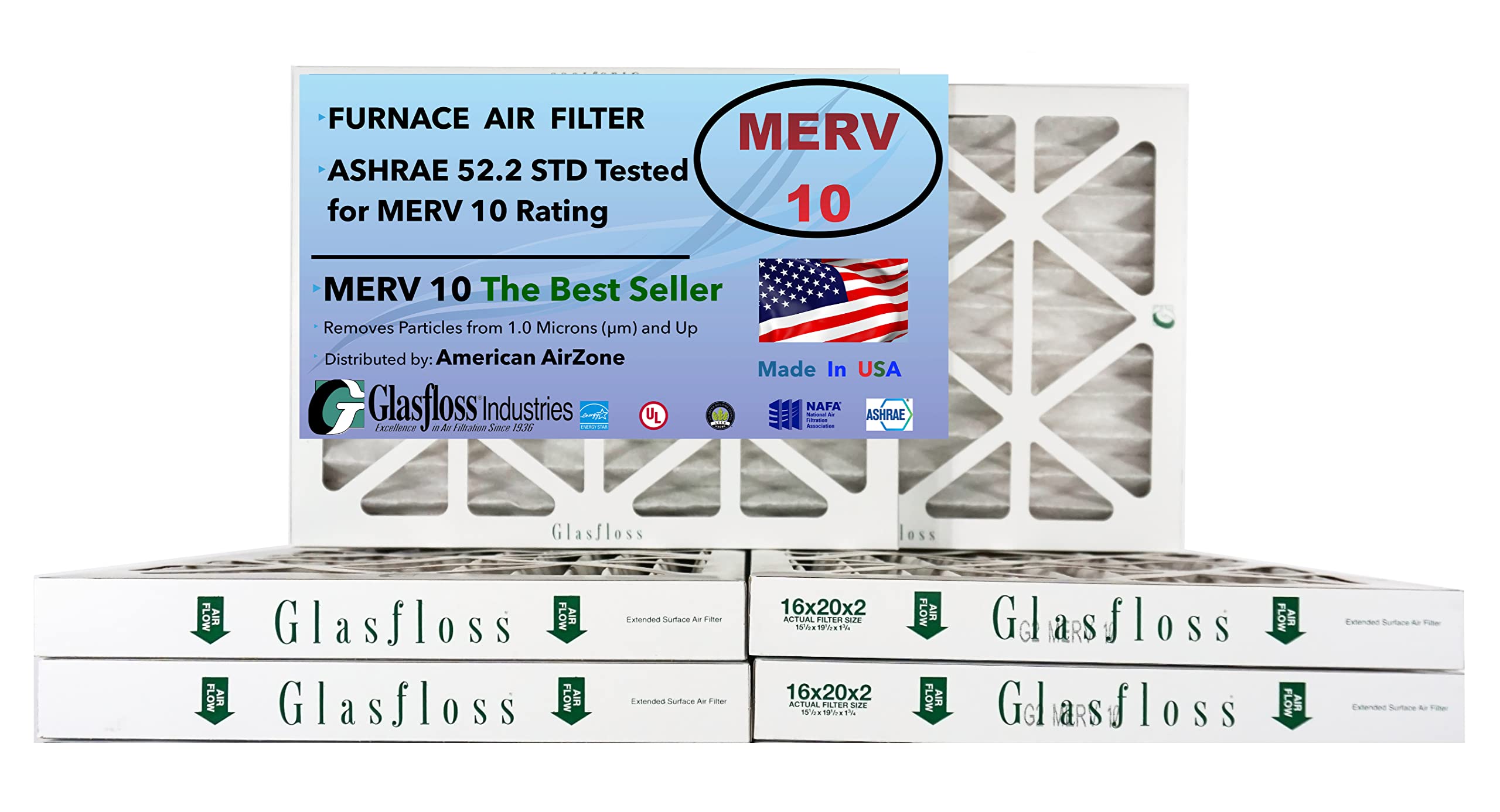Glasfloss 16x20x2 MERV 10 Pleated Air Filter - 6 Pack - High Efficiency Furnace Filter - Made in USA - Perfect for HVAC Systems & Home Air Purification