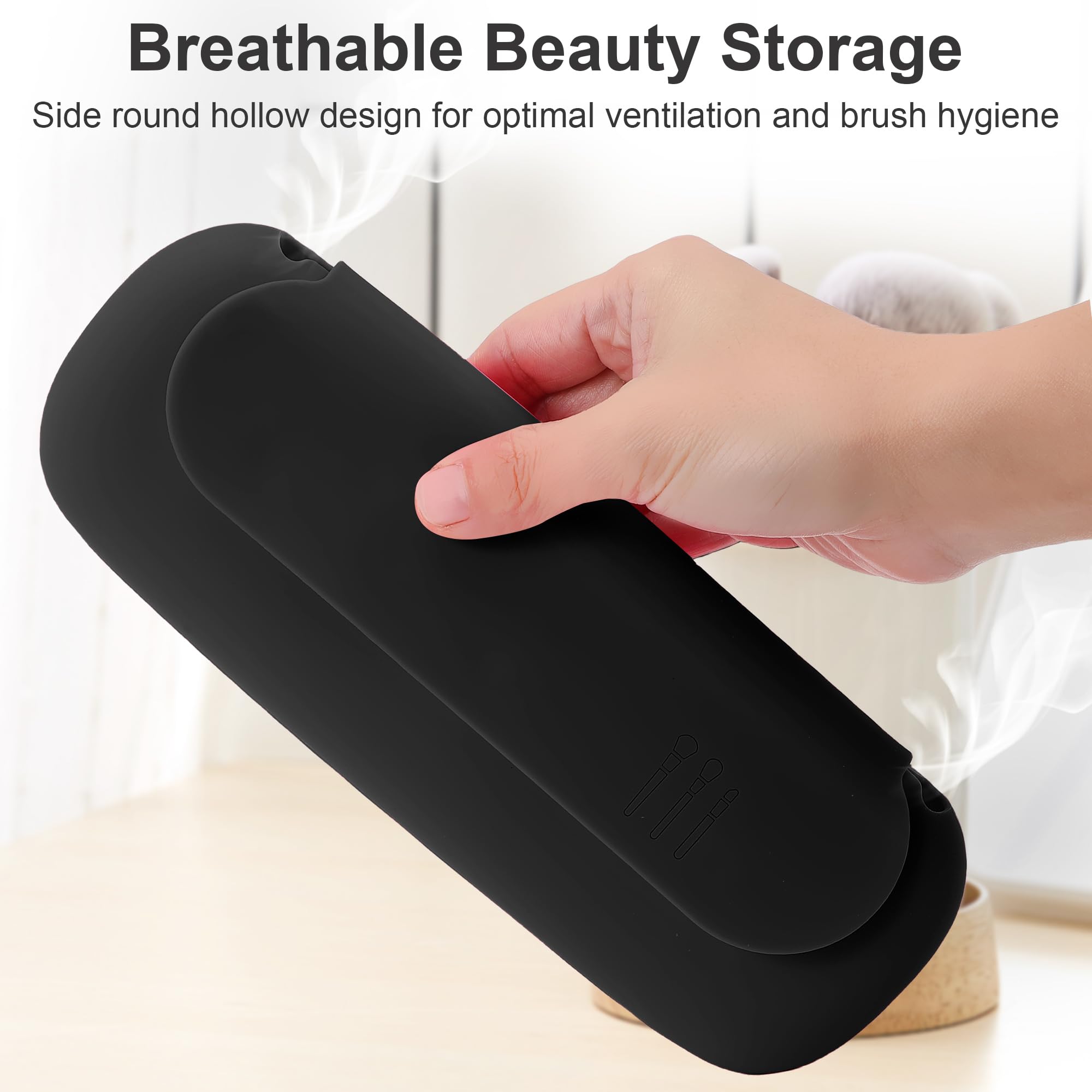 Portable Silicone Travel Makeup Brush Holder with Built-in Cleaner | Waterproof Cosmetic Brush Organizer Case | Compact Makeup Tools Storage for On-the-Go | Perfect for Travel, Gym Bag & Daily Cosmetics Organization (Black)
